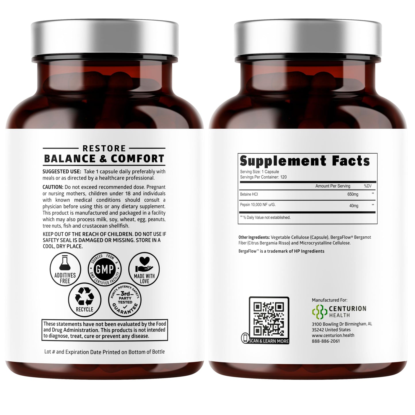 Number One Nutrition Premium Betaine Hydrochloride Enzymes Supplement with Pepsin Capsule, 120 Count