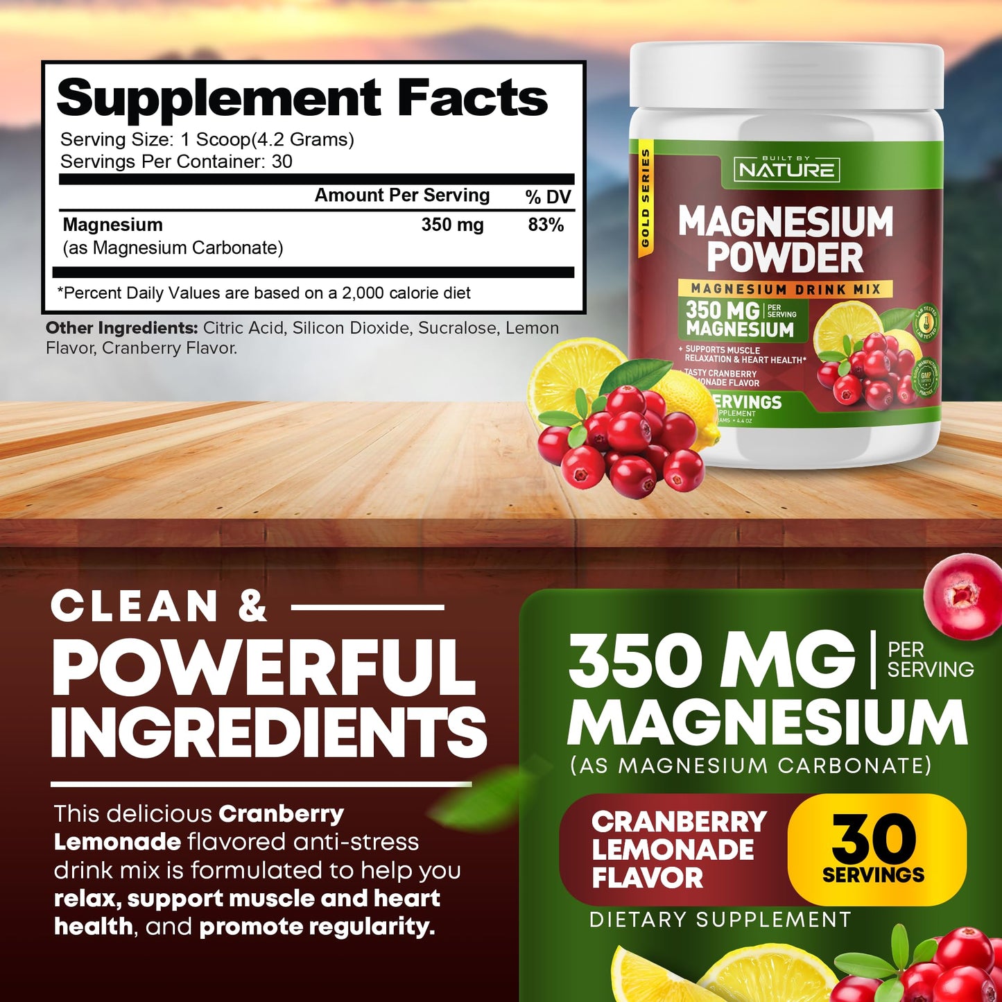 Built by Nature Magnesium Citrate Powder Cranberry Lemonade 4.44 Ounces