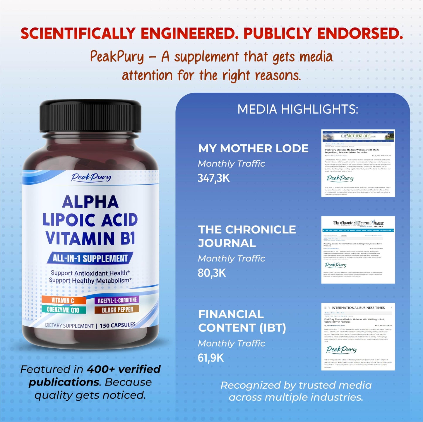 PEAKPURY Alpha Lipoic Acid with Vitamin B1 Capsules, 150 Count