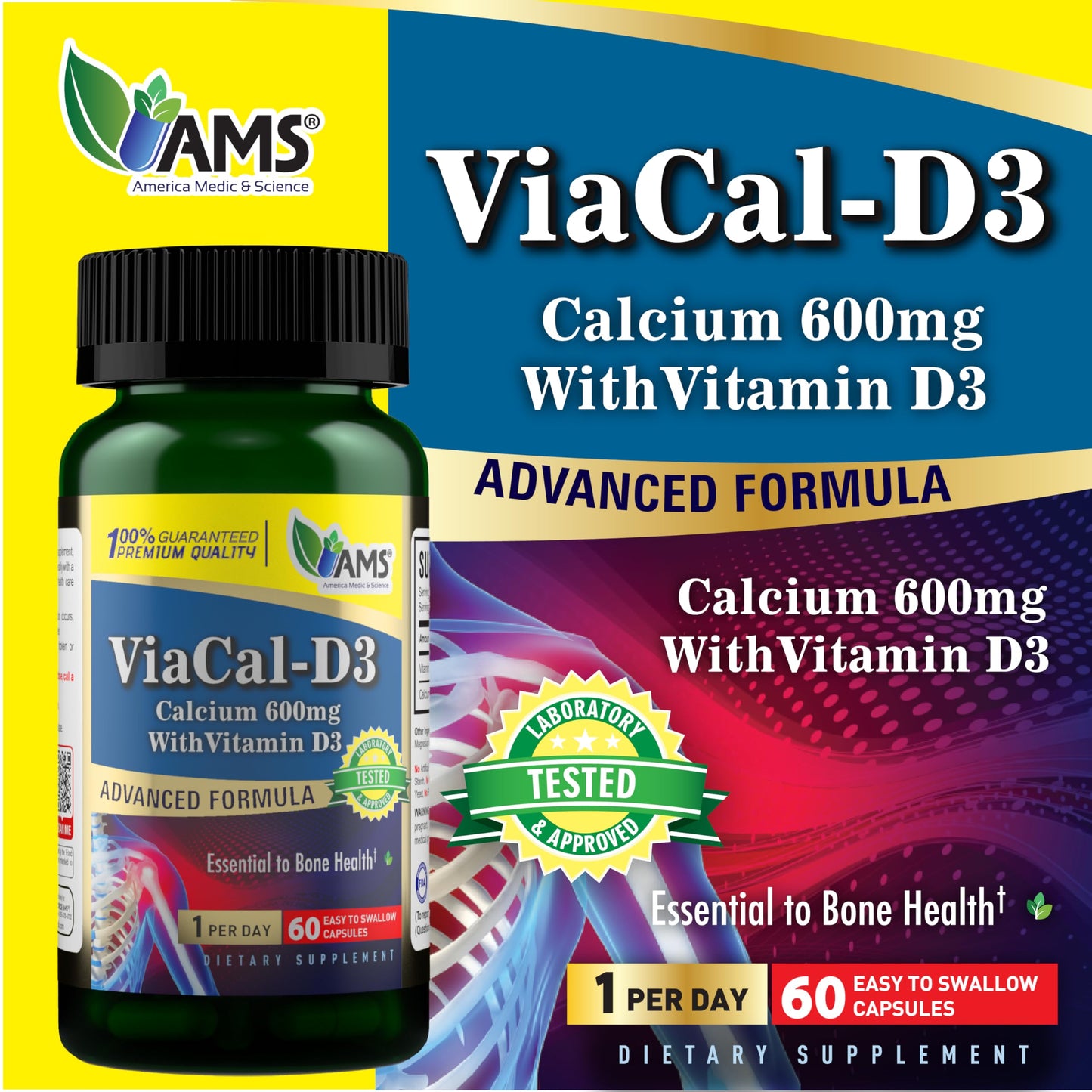 America Medic & Science ViaCal-D3 Calcium 600mg with Vitamin D3 Capsule, 60 Capsules