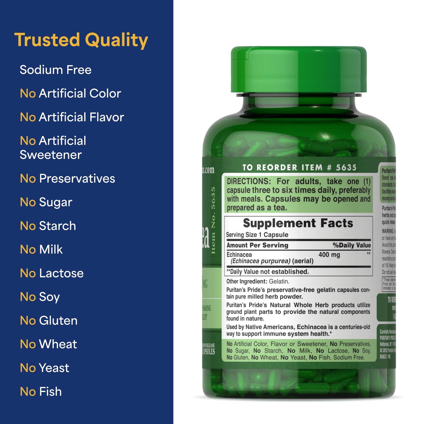 Puritan's Pride Premium Echinacea Natural Whole Herb Herbal Supplement 400mg 200 Capsules