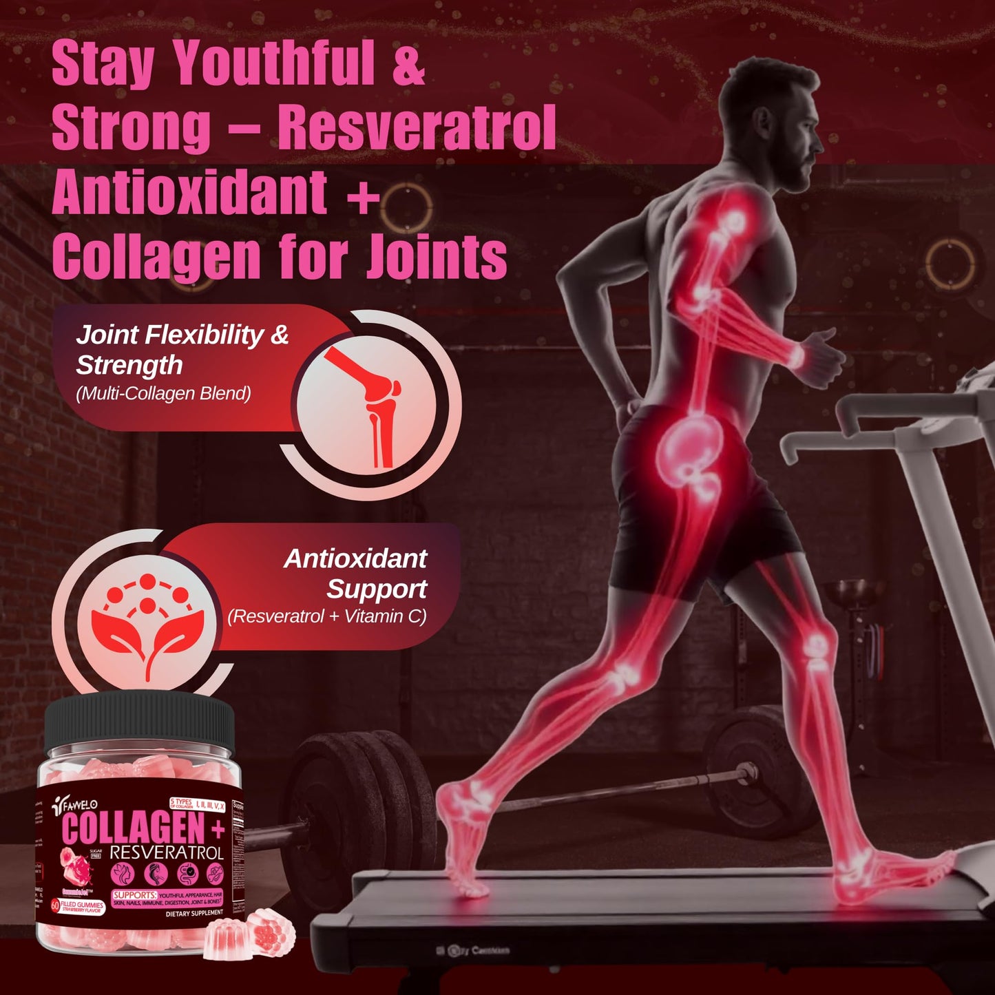Fawelo Multi Collagen Gummies Hydrolyzed Type I, II, III, V, X plus Resveratrol 60 Count
