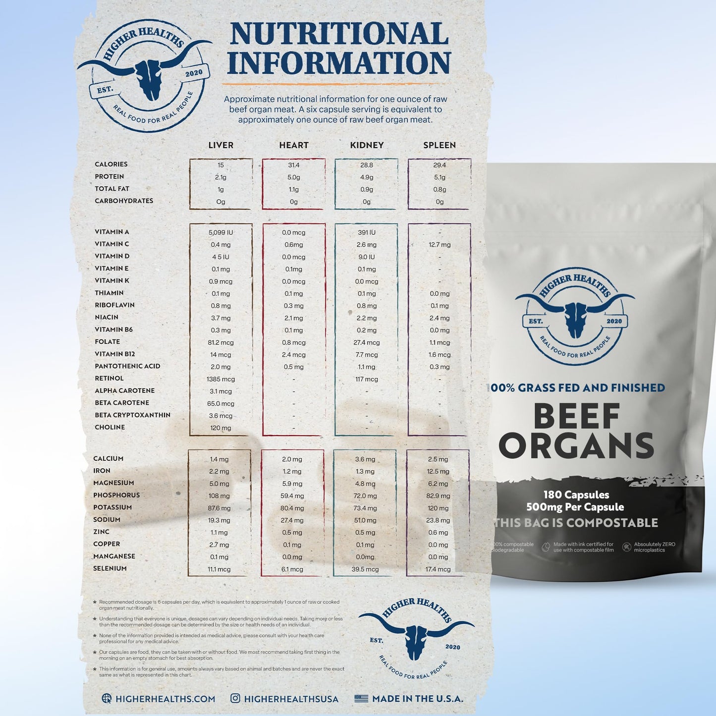Higher Healths 100% Grass Fed Beef Organs Freeze-Dried Organ Blend 180 Capsules