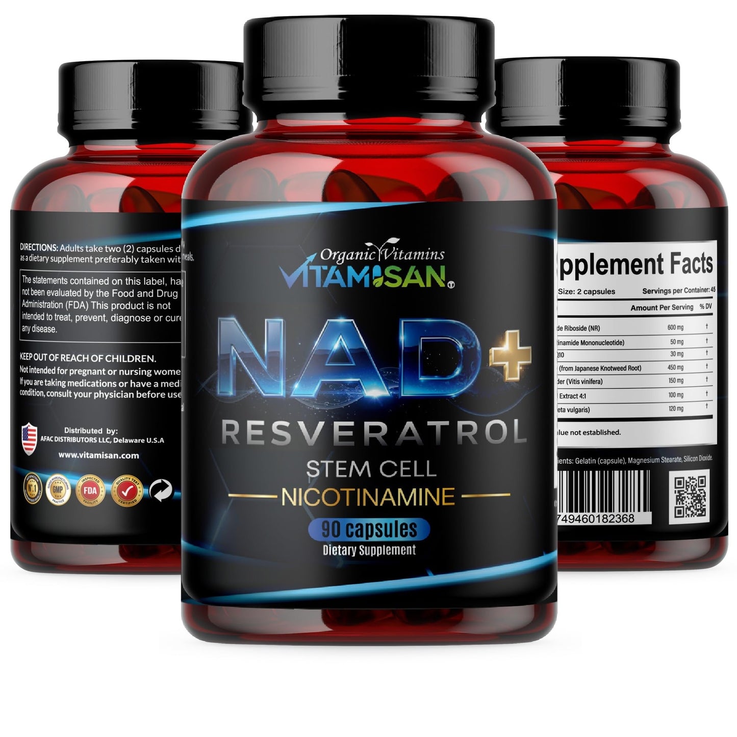 VITAMISAN NAD+ Resveratrol with NMN, NR & CoQ10 – Cellular Energy Support, Anti-Aging & Antioxidant Formula – Stem Cell & Nicotinamide Supplement – 90 Capsules