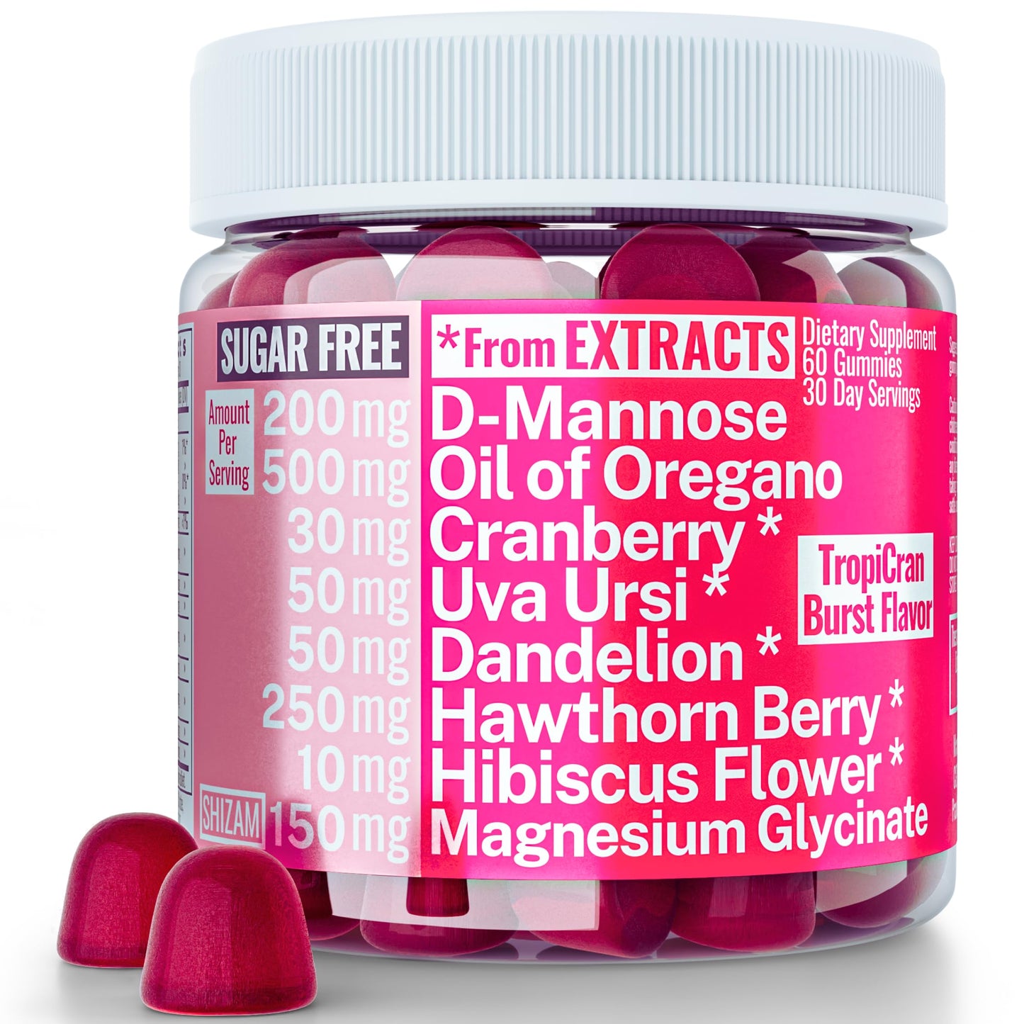 SHIZAM Oil of Oregano D-Mannose Dandelion Root Hawthorn Berry Extract Uva Ursi with Hibiscus Cranberry Magnesium Glycinate for Women, 60 Gummies