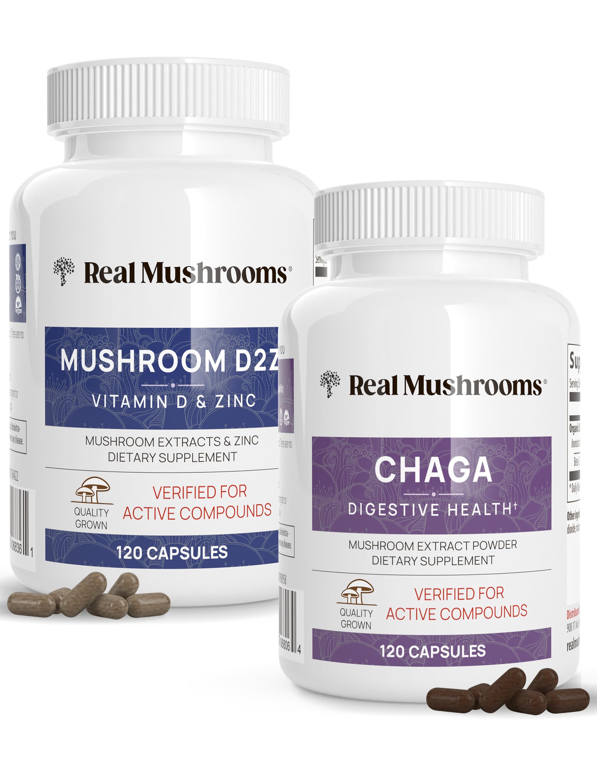 Real Mushrooms Vitamin D2, Zinc and Chaga with Reishi Bundle 120 Capsules