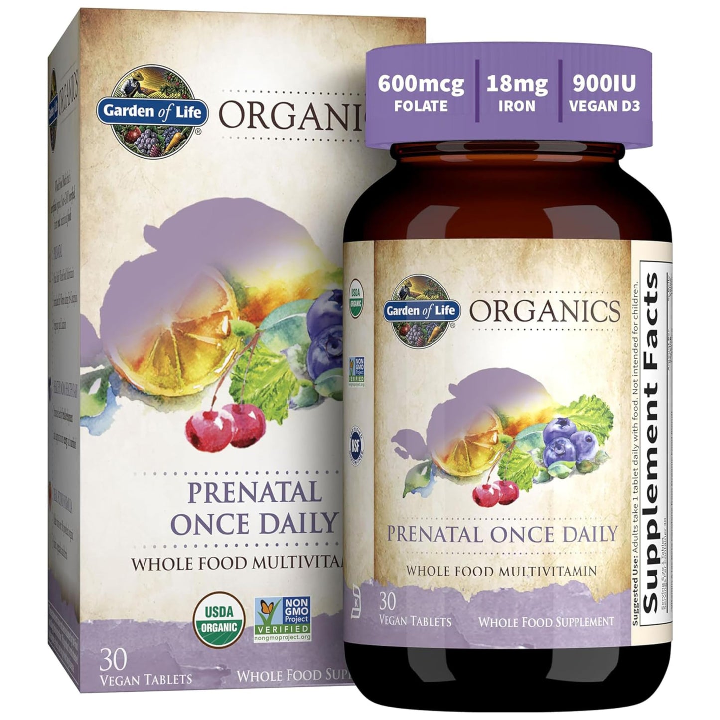 Garden of Life Organics Prenatal Once Daily with Folate, Vitamin C, B6, B12 & D3 – Prenatal Vitamins for Women with Energy Metabolism Support for Healthy Fetal Development, Non-GMO, Vegan, 30 Tablets