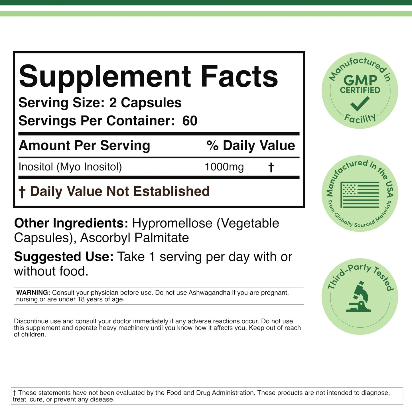 Double Wood Supplements Inositol 1000mg Capsules, 120 Count