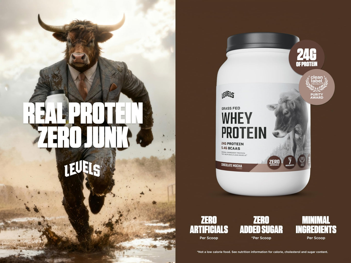 Levels Grass Fed Whey Protein Powder, Chocolate Mocha, 32 Servings