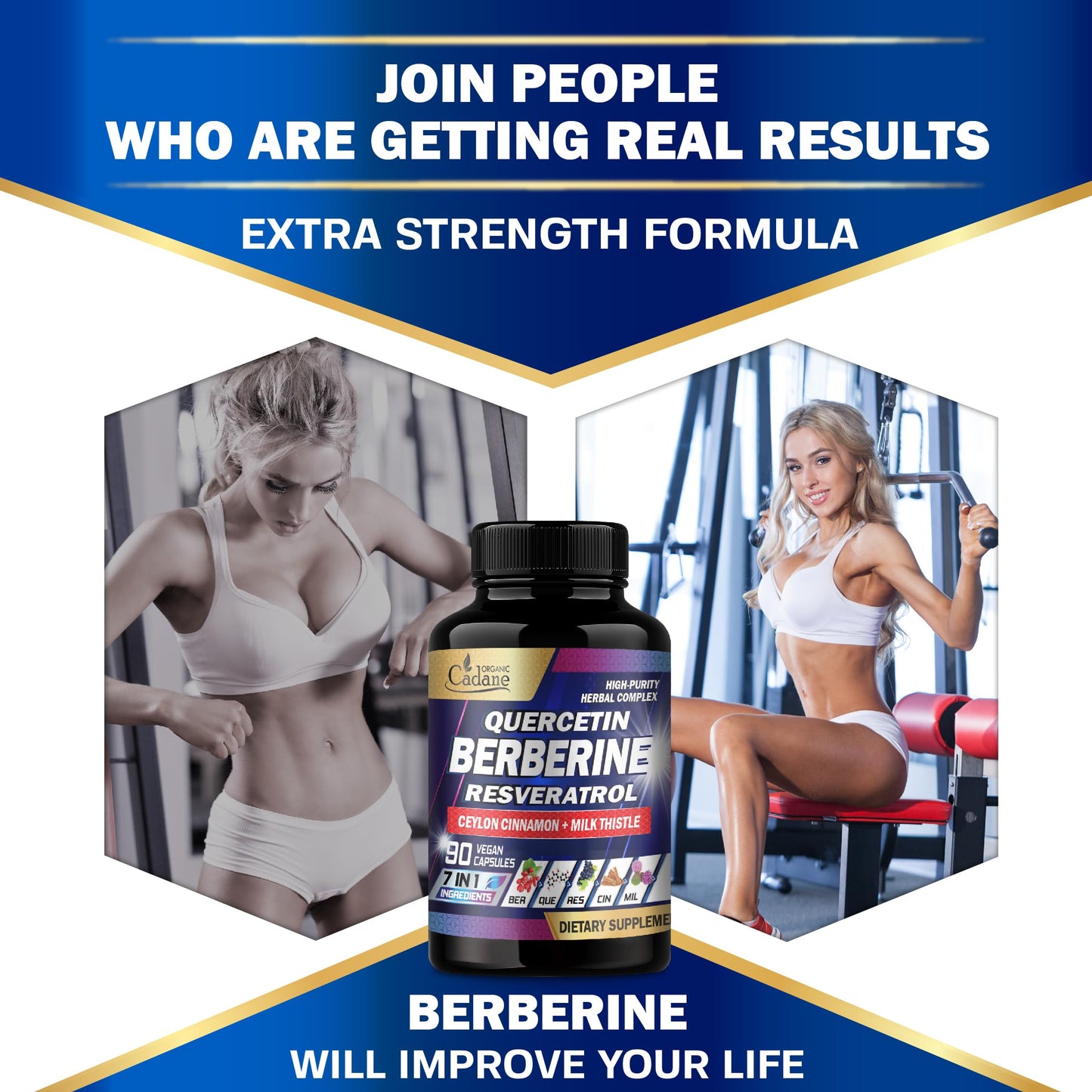 Organic Cadane 7in1 Pure Berberine Supplement with Quercetin, Ceylon Cinnamon, Resveratrol, Milk Thistle, Grape Seed, and Black Pepper, 90 Capsules