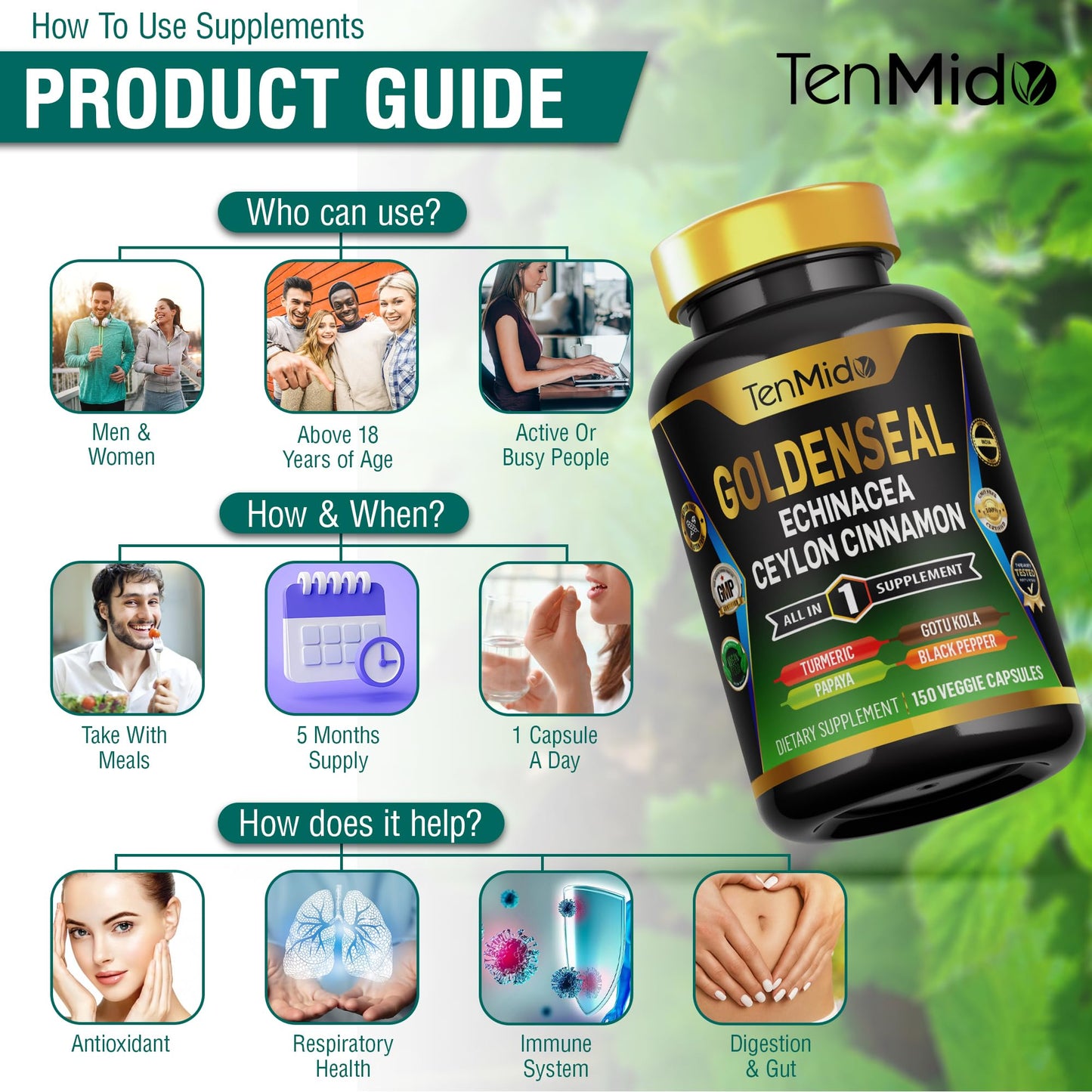 Tenmido Goldenseal Root Supplement Capsules, 150 Count