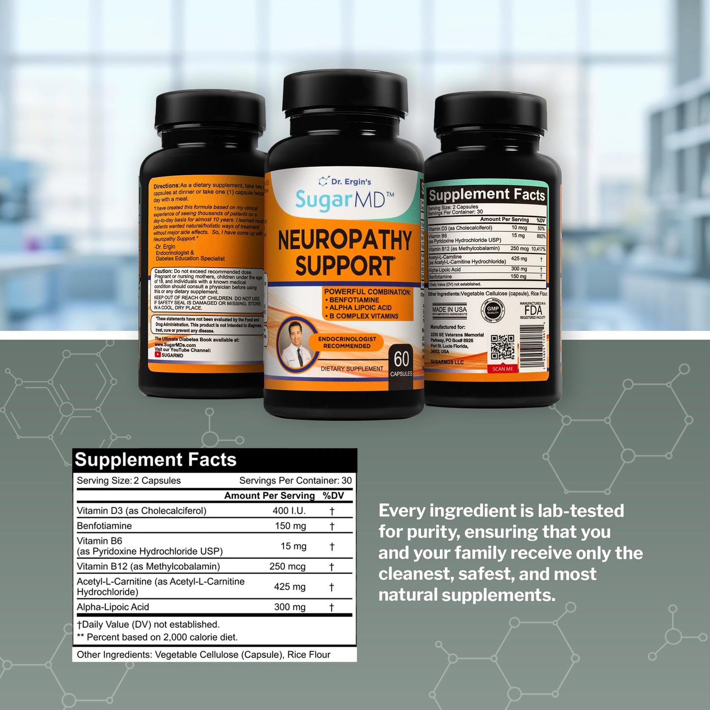 SugarMD Neuropathy Support Supplement – 60 Capsules with Alpha Lipoic Acid, Benfotiamine & Vitamin D3 B6 B12