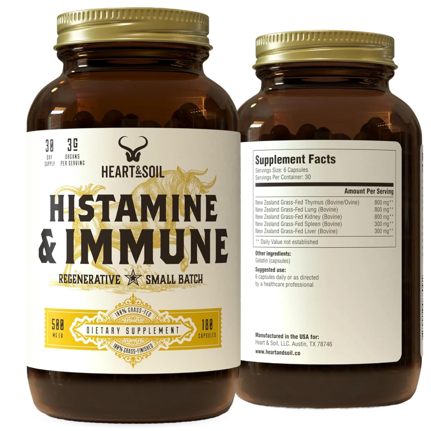 HEART & SOIL 100% Grass Fed & Finished Histamine & Immune Support Supplement from Regenerative Cattle with Thymus, Lung, Spleen, Liver, & Kidney, 180 Capsules