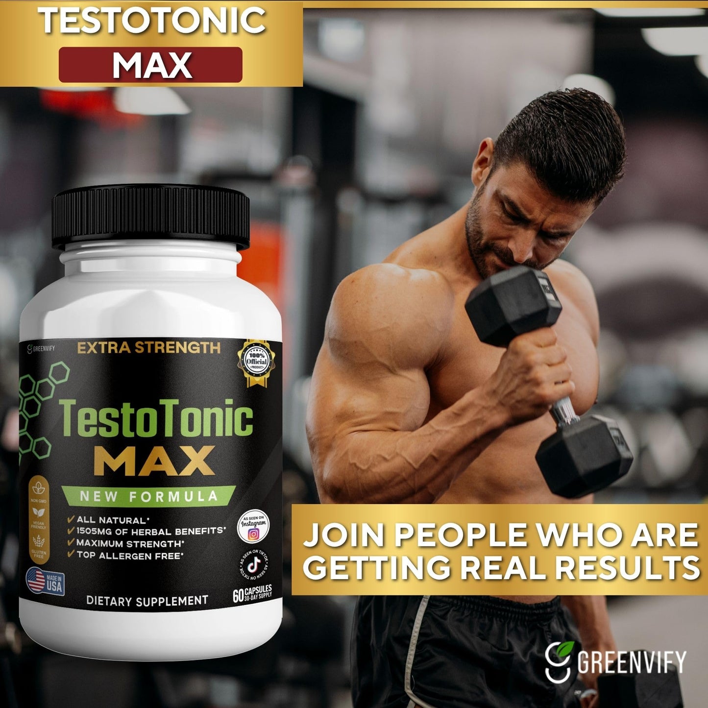 GREENVIFY TestoTonic MAX Dietary Supplement, Herbal Blend Capsule, 60 Count