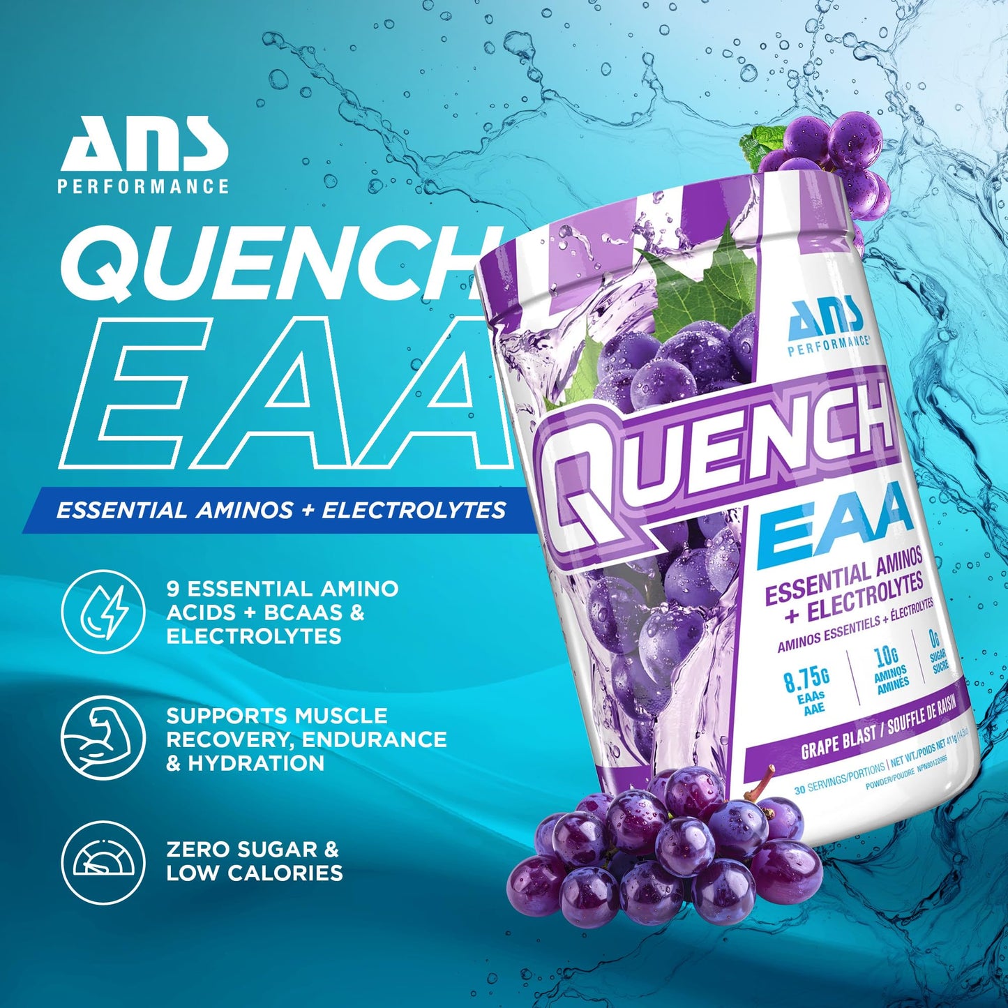ANS Performance Quench EAA Aminos + Electrolytes Powder – Complete Blend of 9 EAAs – 10g Total Amino Acids – Vitamins, Antioxidants, Electrolytes – Zero Sugar, Carbs, Calories (Grape Blast) – 14.6 oz