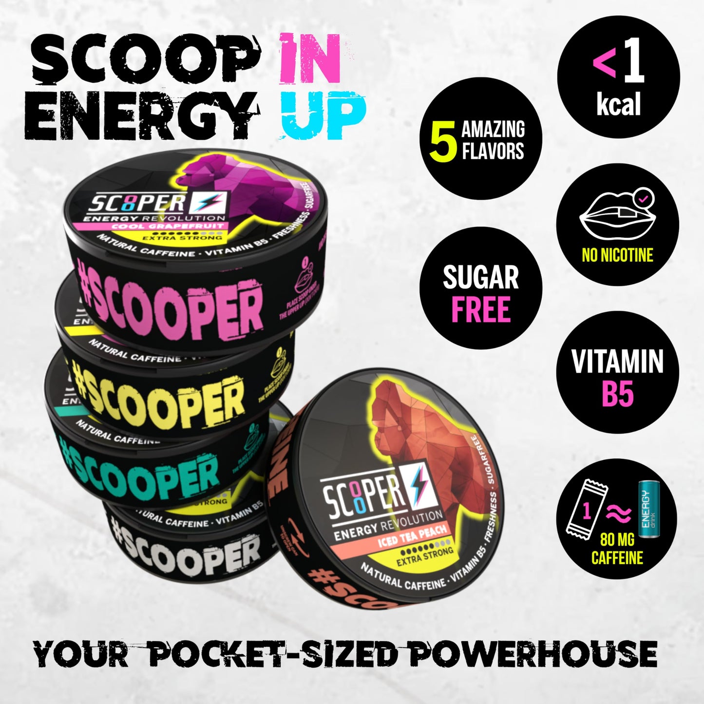 Scooper Energy Fresh Mint Chewable Energy Pouches (80mg Caffeine) 60 Count