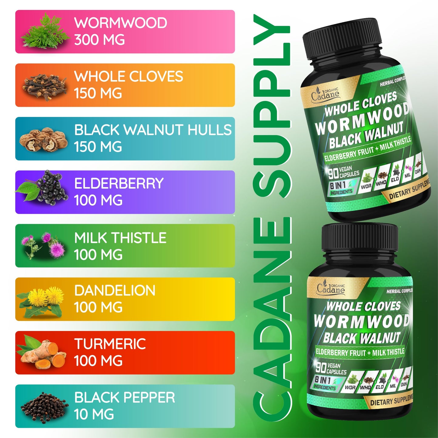 Organic Cadane Wormwood Whole Cloves Black Walnut Digestive & Herbal Support 90 Capsules