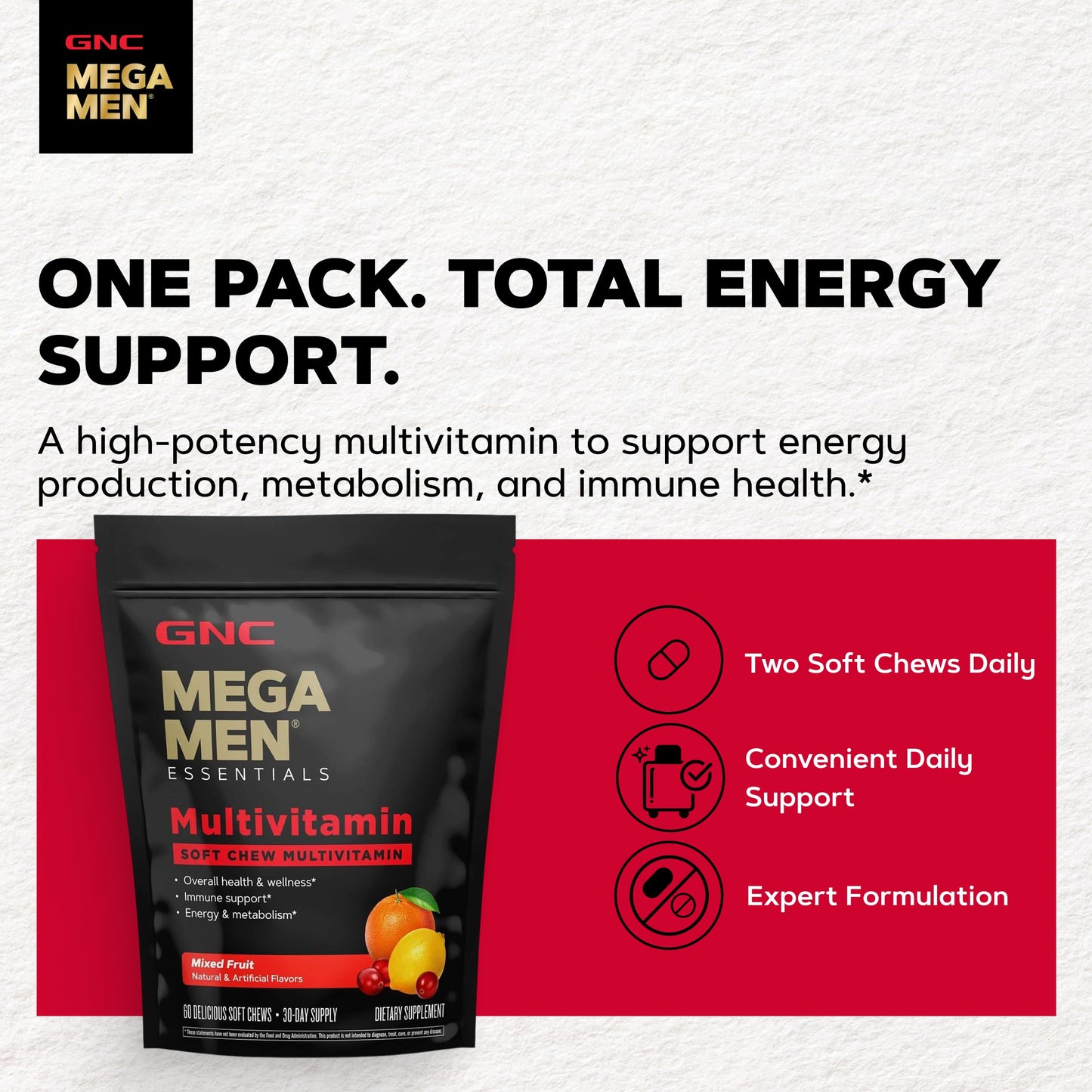 GNC Mega Men Soft Chew Multivitamin for Men Caplet 60 Count