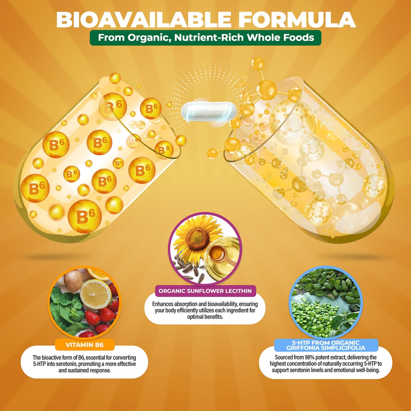 MoxyVites 5HTP 100mg Supplement with B6, Organic Whole Food, Non-GMO, 120 Vegan Capsules