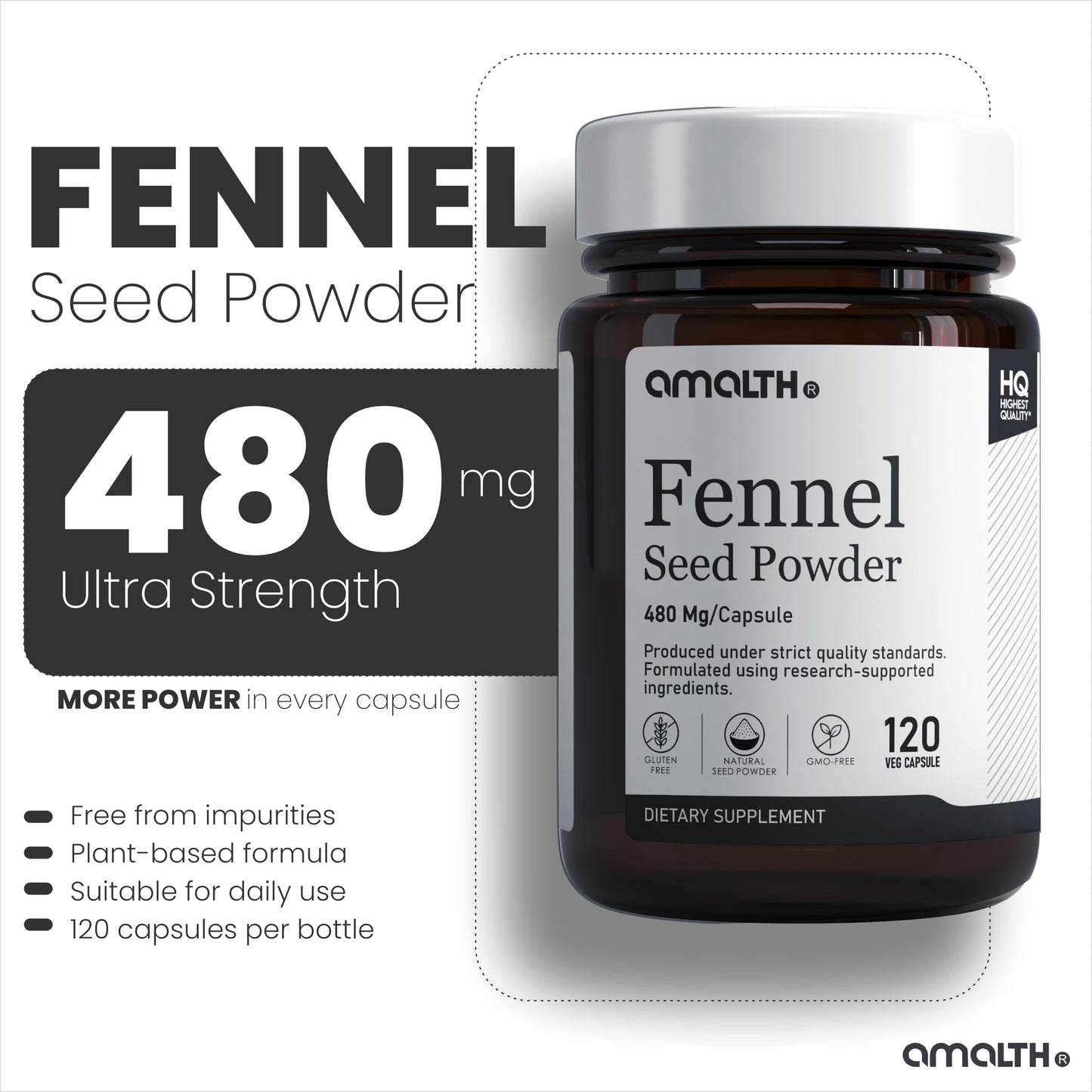 AMALTH Fennel Seed Capsules 480 mg Foeniculum Vulgare Supplement, 120 Veg Capsules
