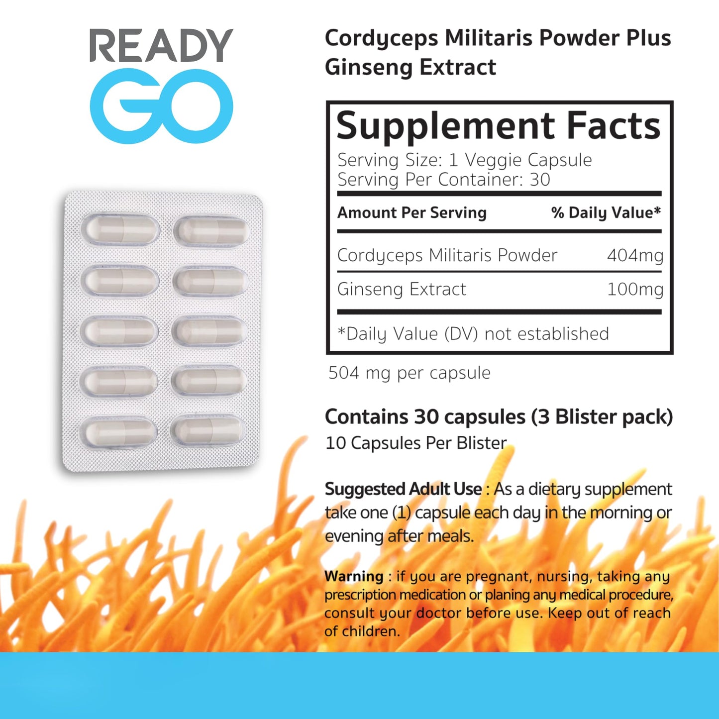 READYGO Cordyceps Militaris Mushroom Capsules with Ginseng Extract, Energy, Stamina and Immune Support, 30 Capsules