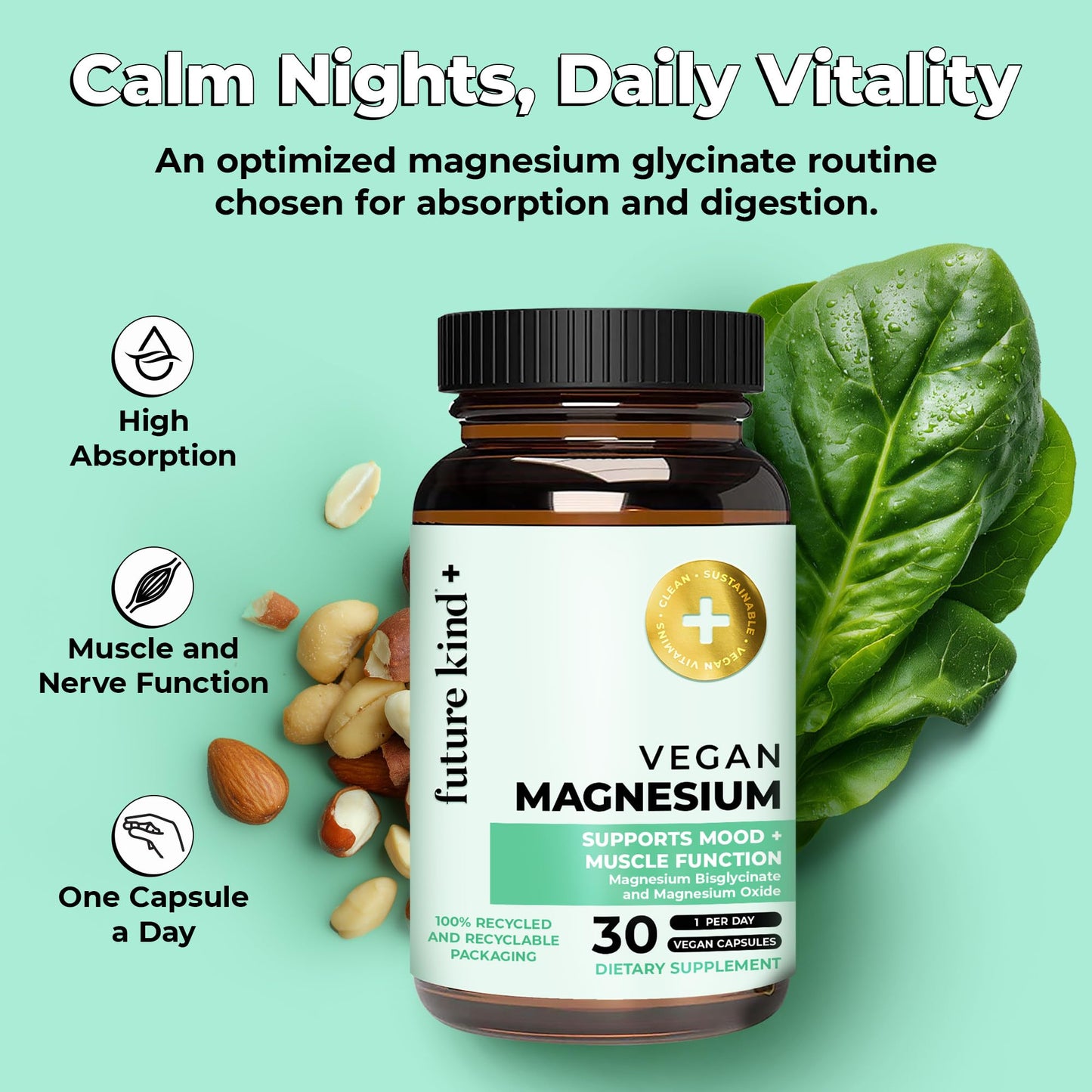 Future Kind Magnesium Glycinate 200mg Capsules, 30 Count