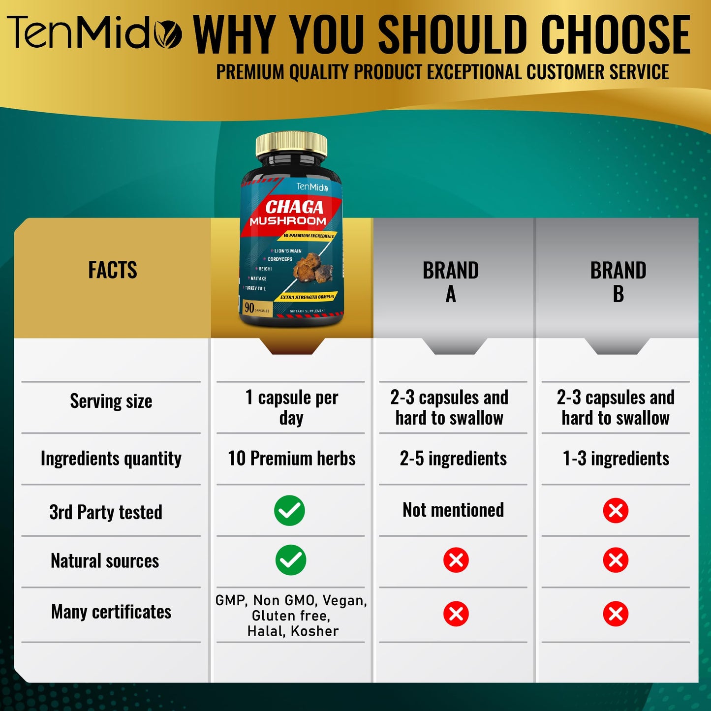 Tenmido Chaga Mushroom Extract Capsules with Lions Mane, Cordyceps and More, 90 Count