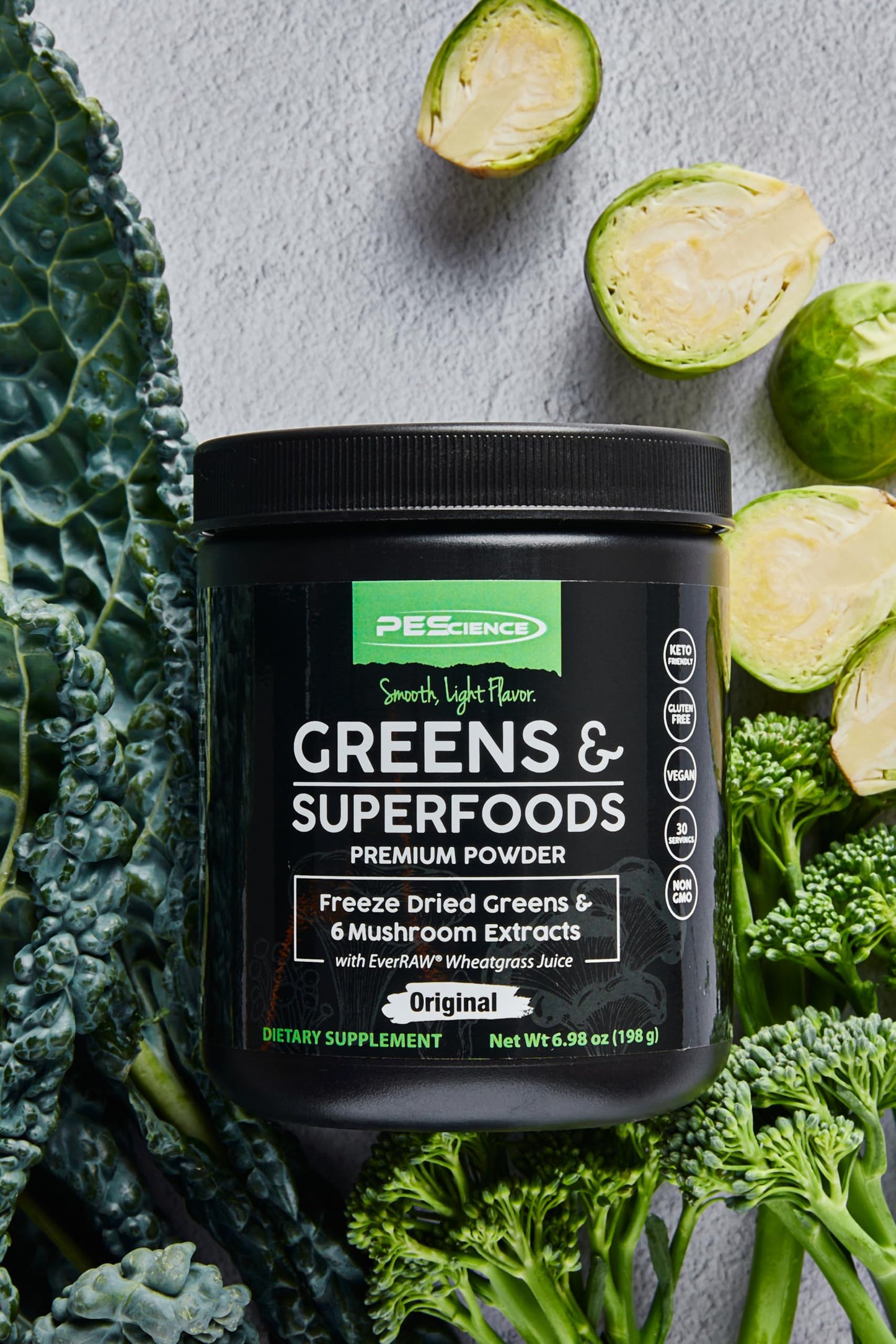 PEScience Greens Powder Superfood with Natural Chlorophyll, Reishi & Turkey Tail Mushroom Powders, Freeze-Dried Kale, Spinach, Broccoli Sprouts with Antioxidants, 6.9 oz
