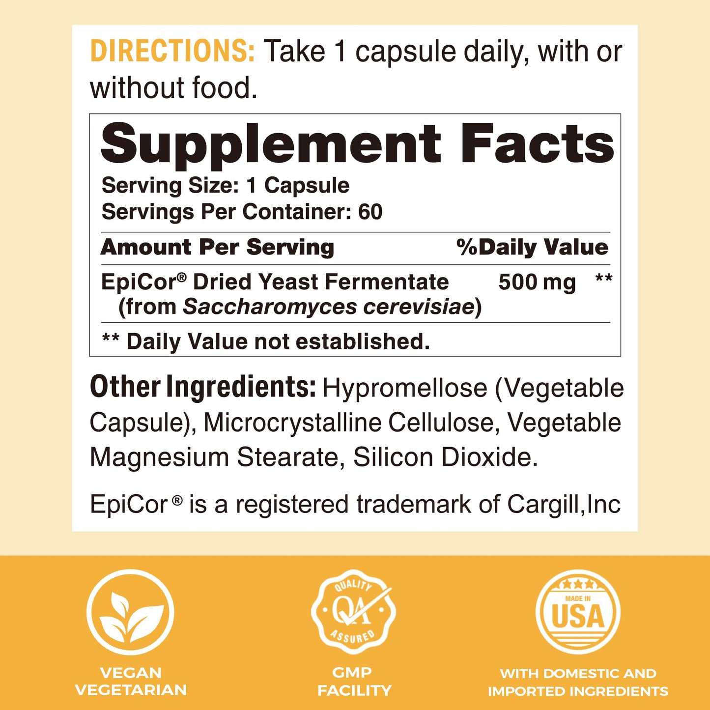 Vitamin World EpiCor 500 mg Immune Health Support, Gluten Free, Vegetarian, 60 Capsules