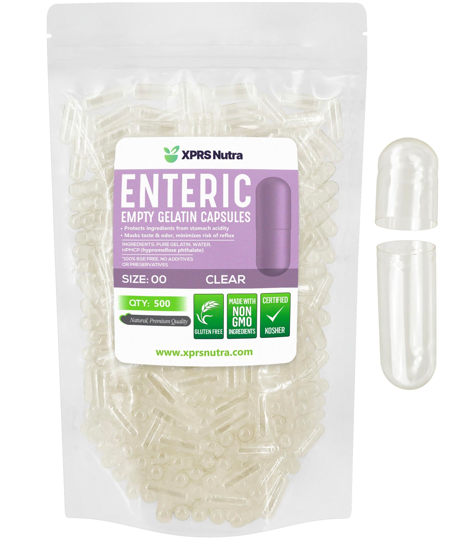 XPRS Nutra Empty Enteric Coated Gelatin Capsules Size 00, 500 Count