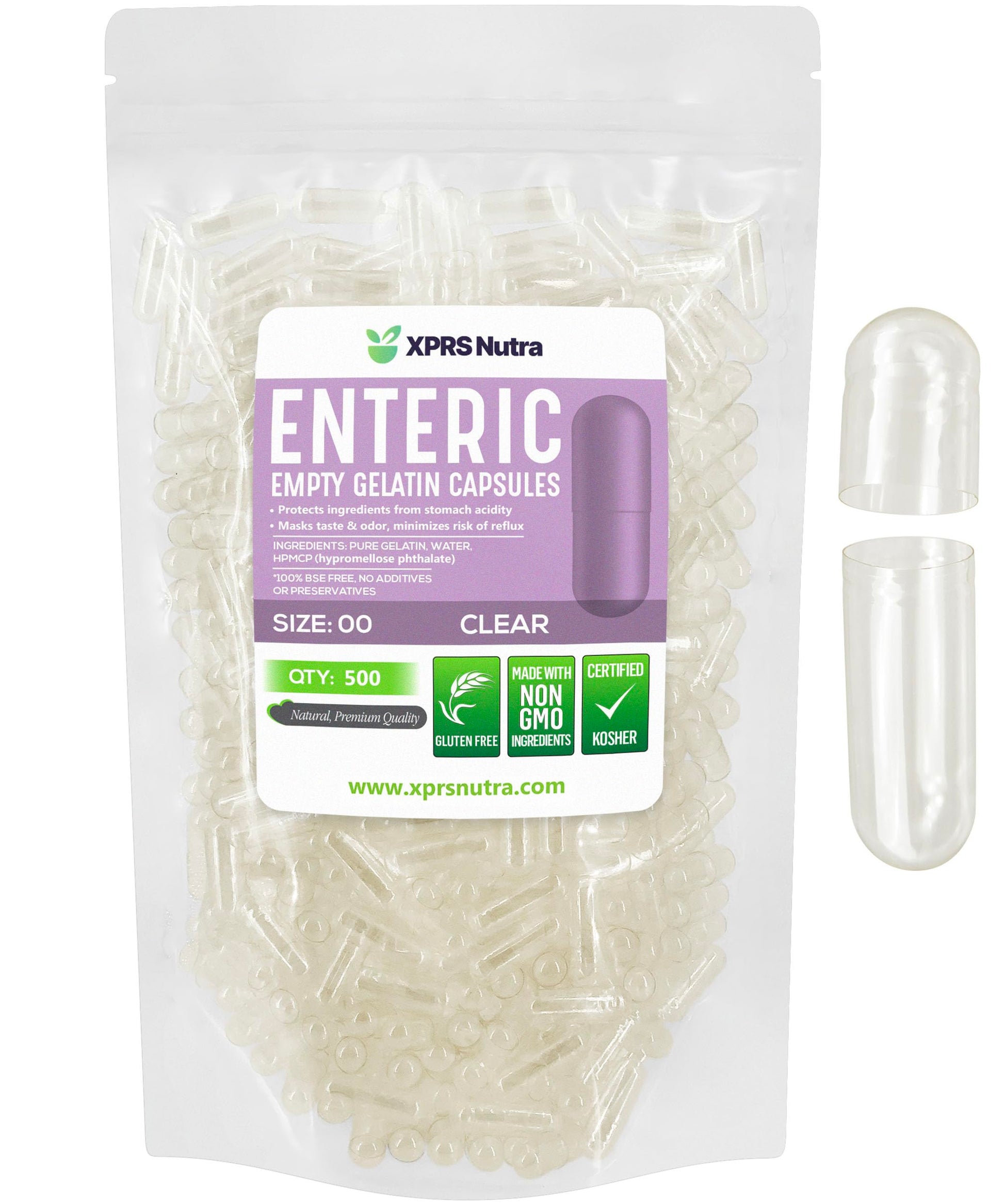 XPRS Nutra Empty Enteric Coated Gelatin Capsules Size 00, 500 Count