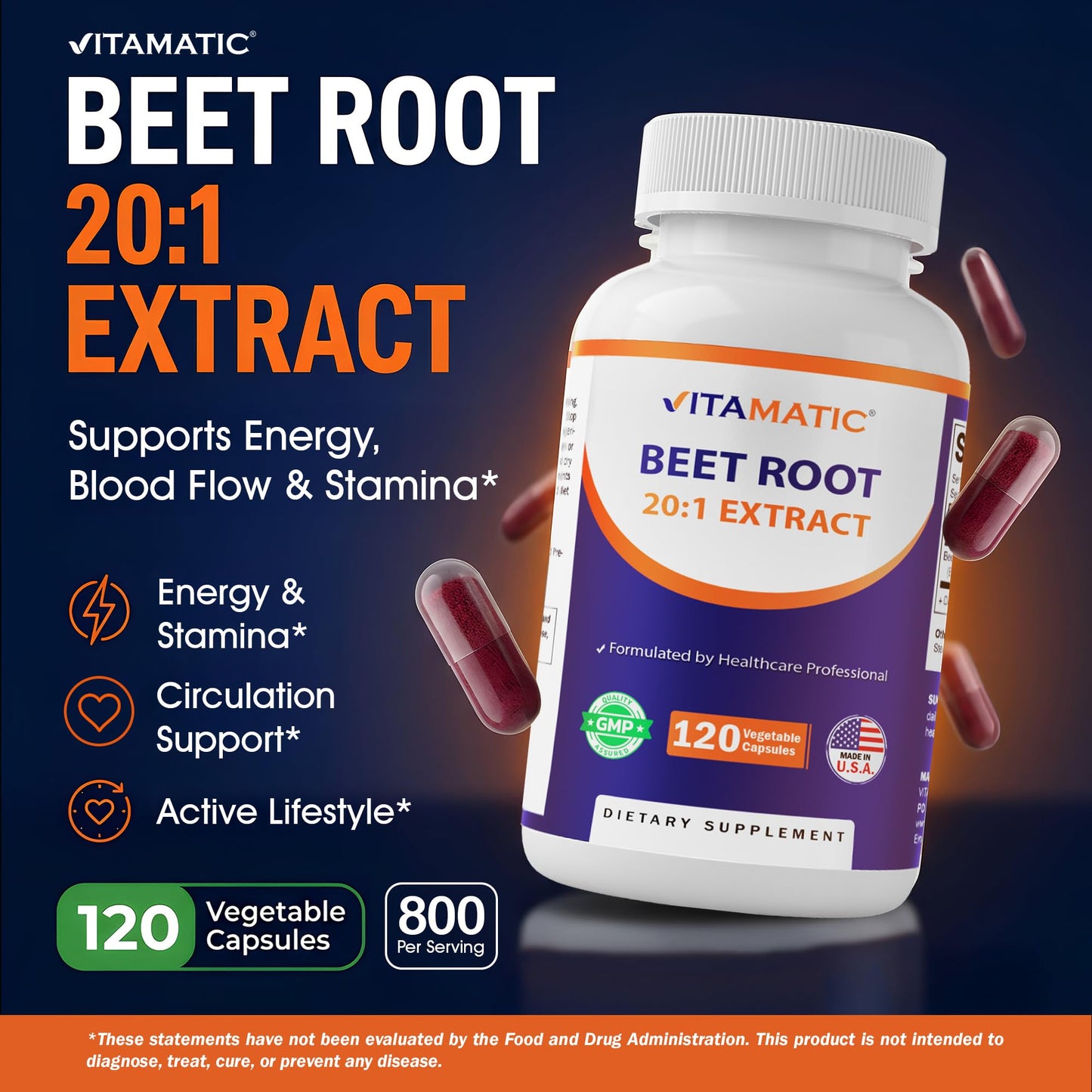 Vitamatic Beet Root 20:1 Extract Capsules 800 mg – Nitric Oxide Support – Non-GMO, Gluten Free – 120 Veggie Capsules