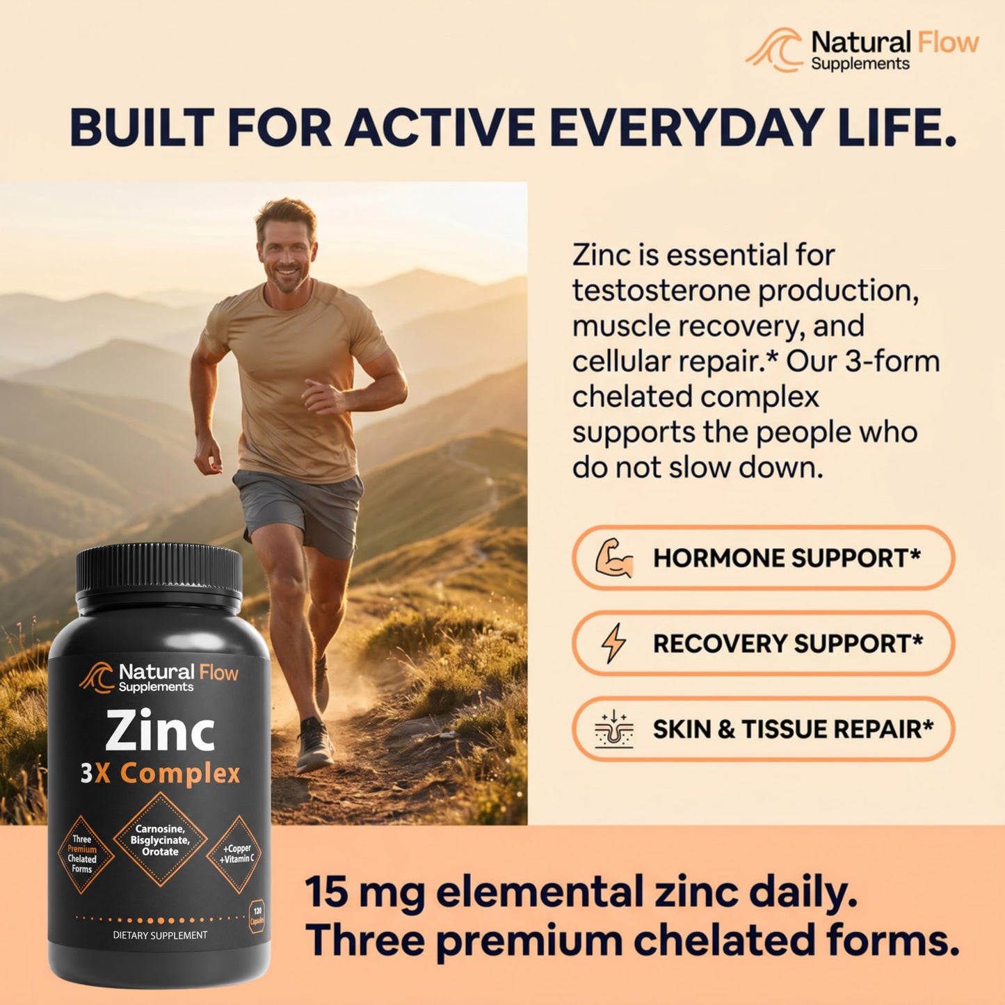 Natural Flow Supplements Zinc Supplement Complex with Copper and Vitamin C Capsules, 120 Count