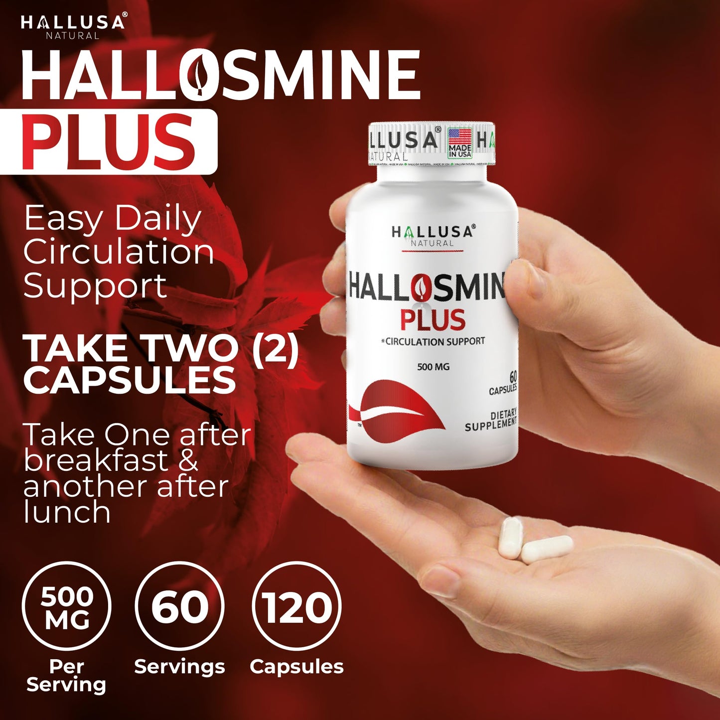 Hallusa Natural Hallosmine Plus Diosmin 500mg Capsule, 120 Capsules