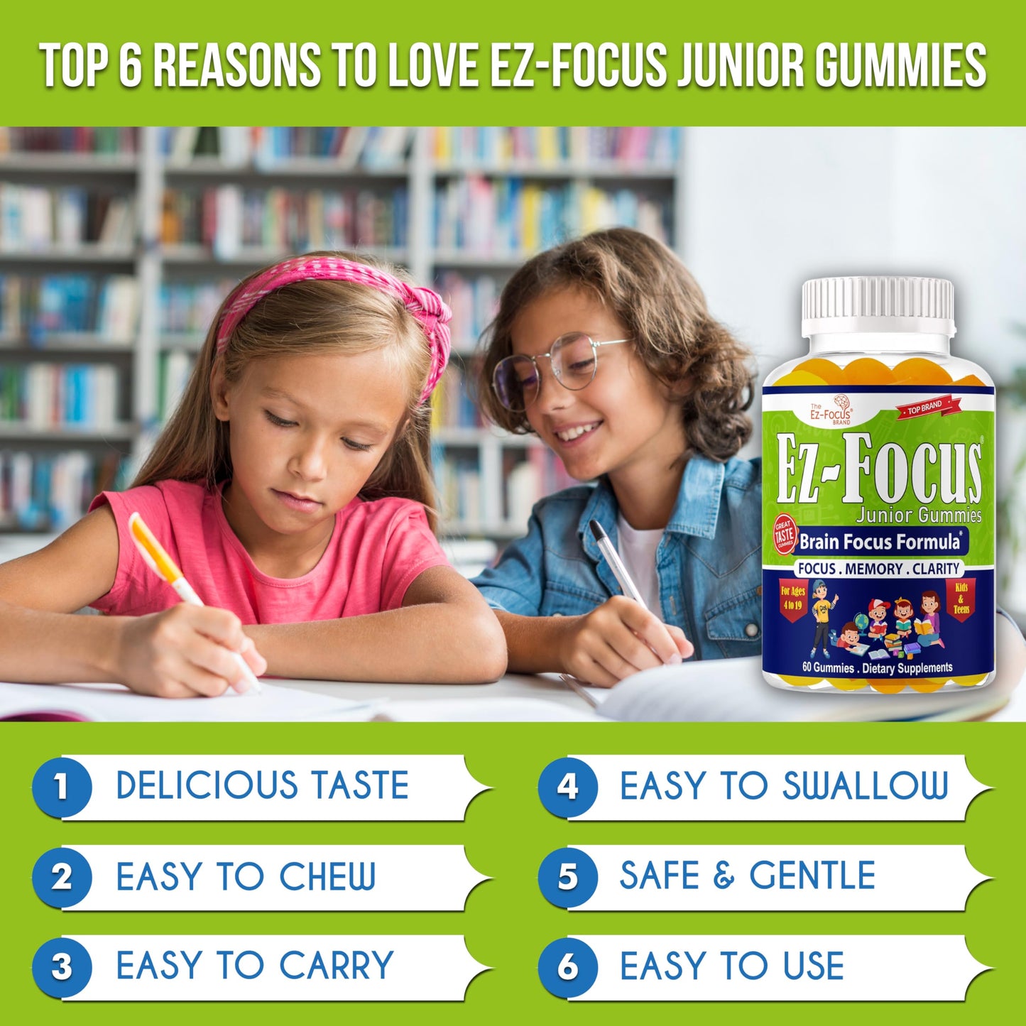 Ez-Focus Junior Brain Vitamins & Memory Supplements for Kids & Teens Gummy, 60 Count