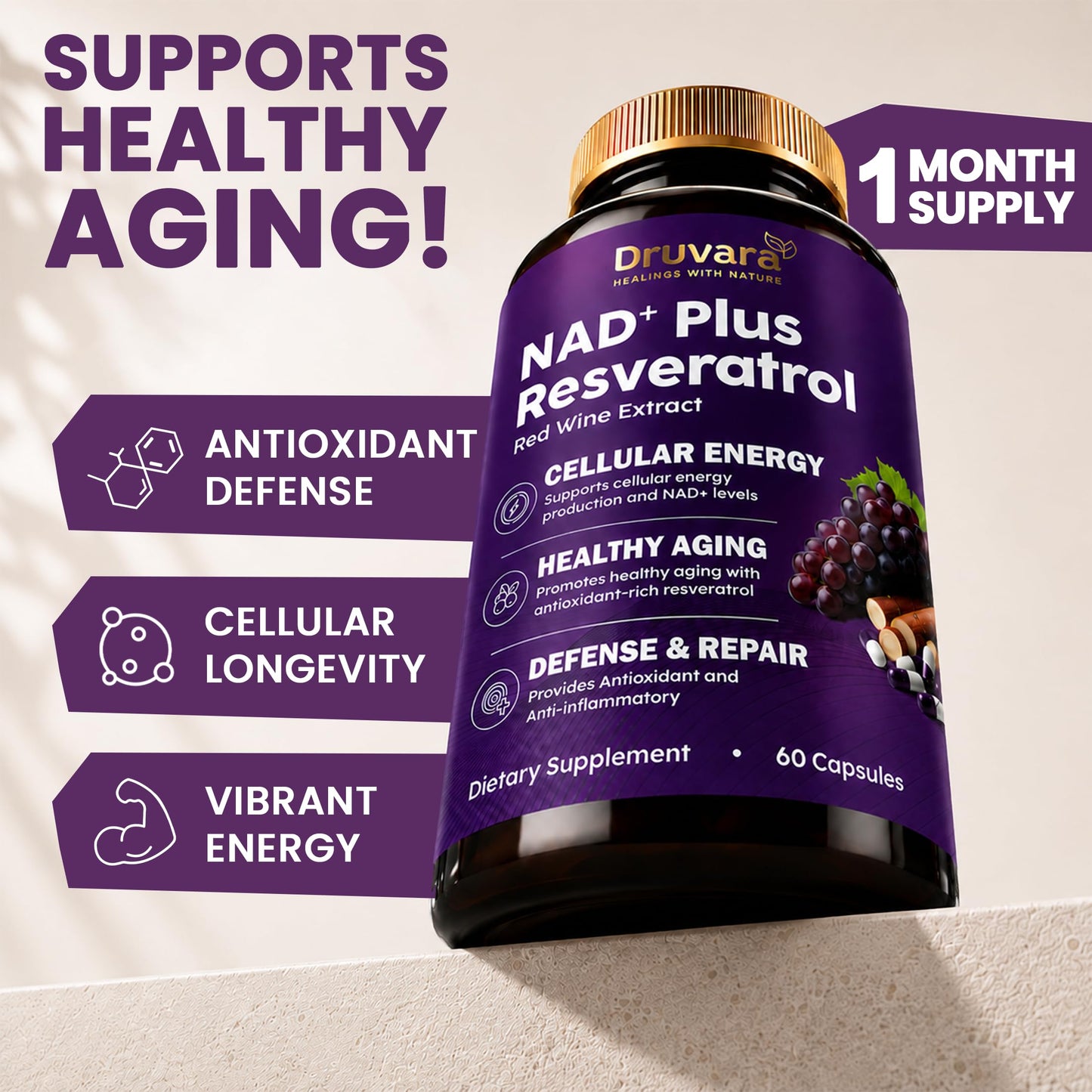 Druvara NAD Resveratrol Supplement Capsules with Red Wine Extract, 60 Count