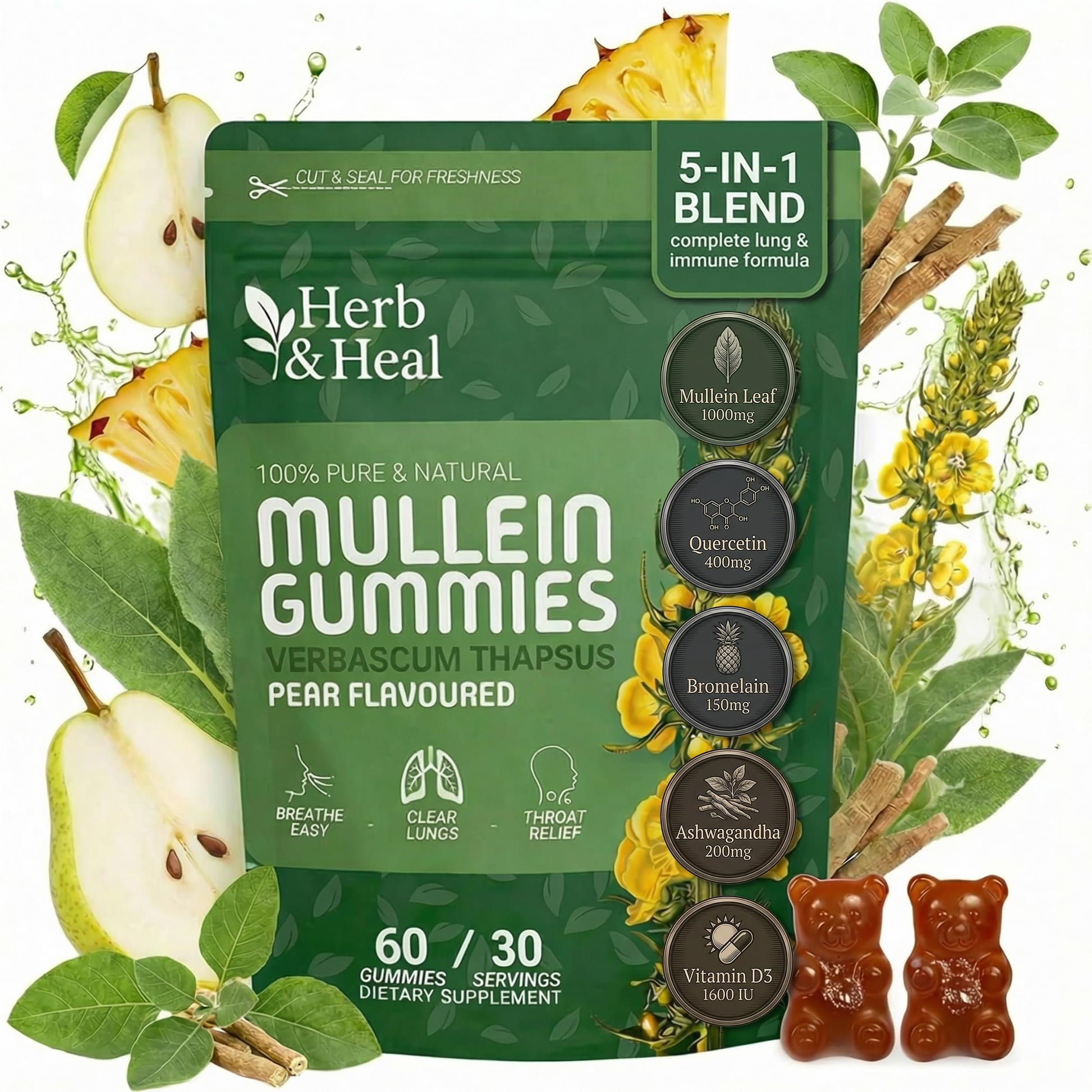 Herb & Heal Mullein Gummies for Lungs Cleanse & Detox, 60 Gummies