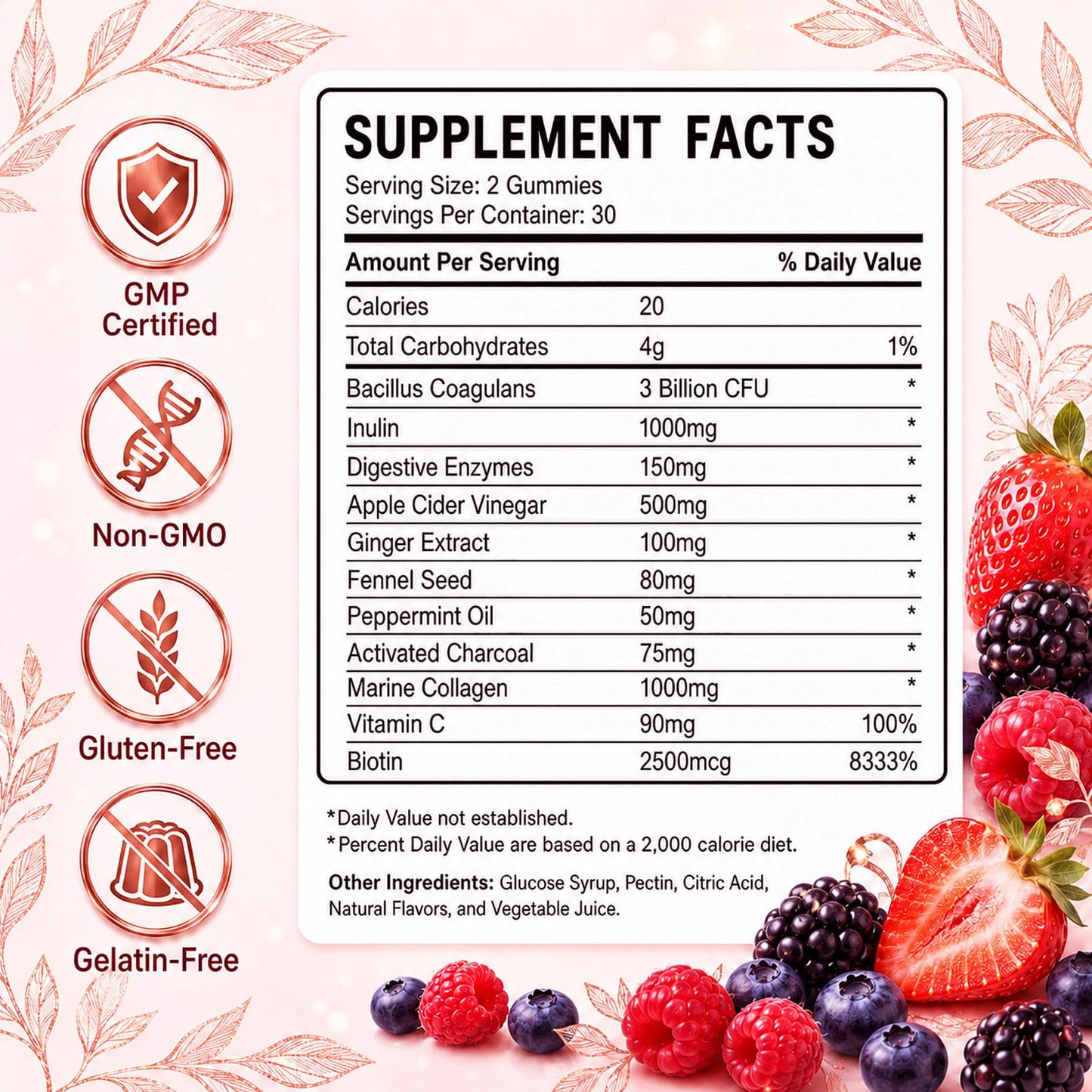 fiocko Probiotics for Women Debloat with Prebiotic Fiber & Apple Cider Vinegar for Gut Health, Vitamin C & Biotin for Skin & Hair Support, Mixed Berry, Gummies, 60 Count