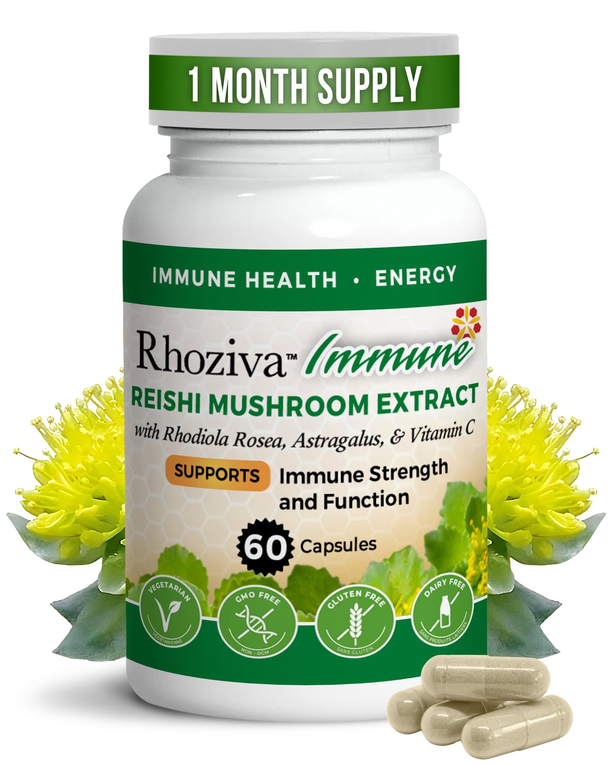 Rhoziva Immune Support, Energy Booster with Vitamin C, D3 and Zinc Supplement, Rhodiola Rosea, Reishi Mushroom Extract, Astragalus, Overall Wellness and Daily Habit 60 Capsules