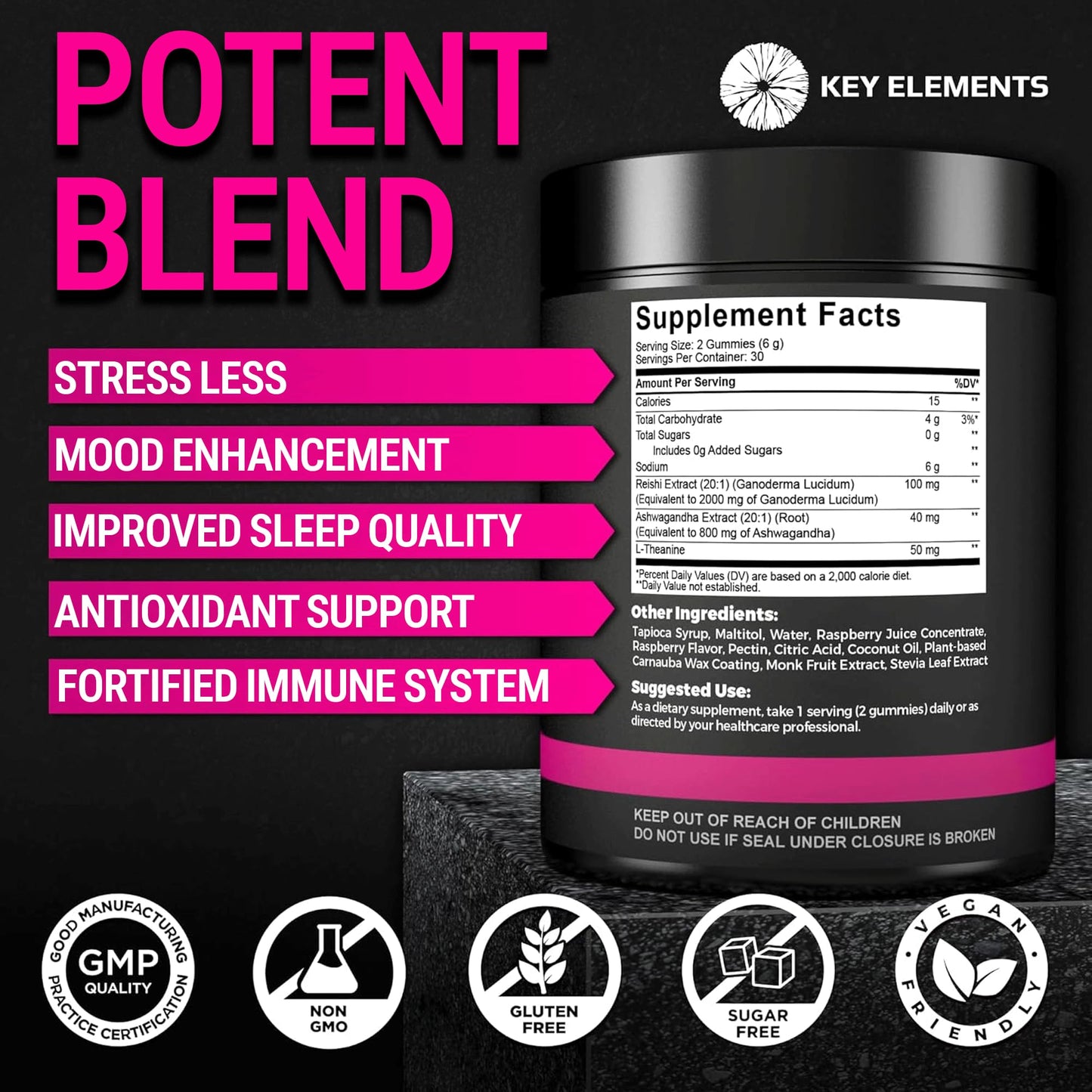 KEY ELEMENTS Natural Reishi Mushroom Gummies with L-Theanine & Ashwagandha, 60 Count