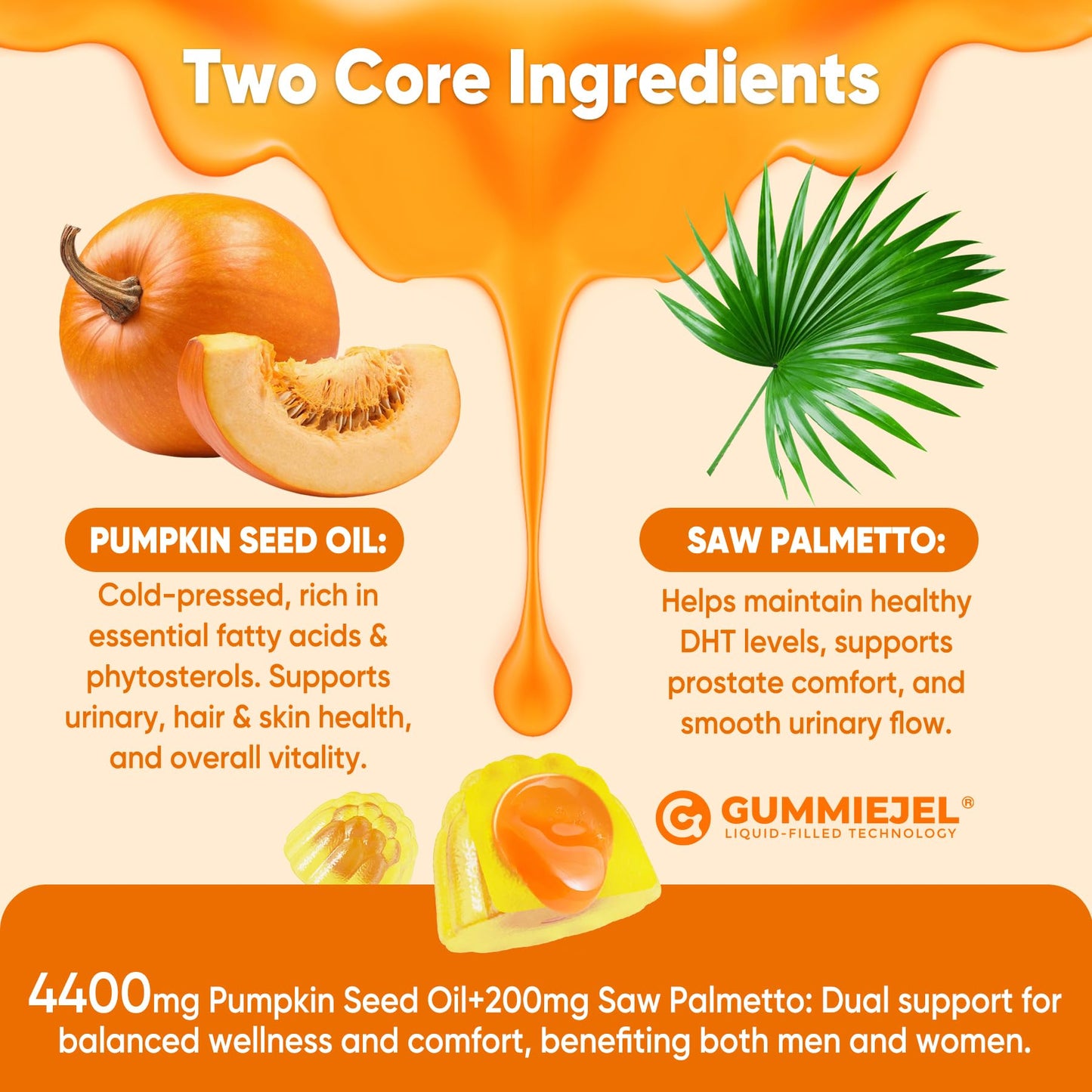 LILICARE Pumpkin Seed Oil Gummies 4400mg with Saw Palmetto, Cranberry, Lycopene, Vitamin E, Zinc, Cold Pressed, Pure Virgin Pumpkin Seed Oil for Hair Growth, Skin, Urinary, Bladder & Prostate Health 60 Count