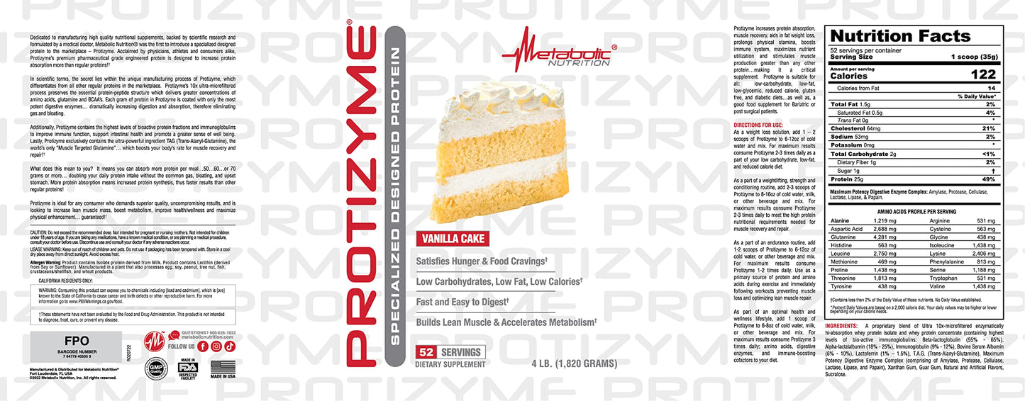 Metabolic Nutrition Protizyme 100% Whey Protein Powder Vanilla Cake, 32 Servings