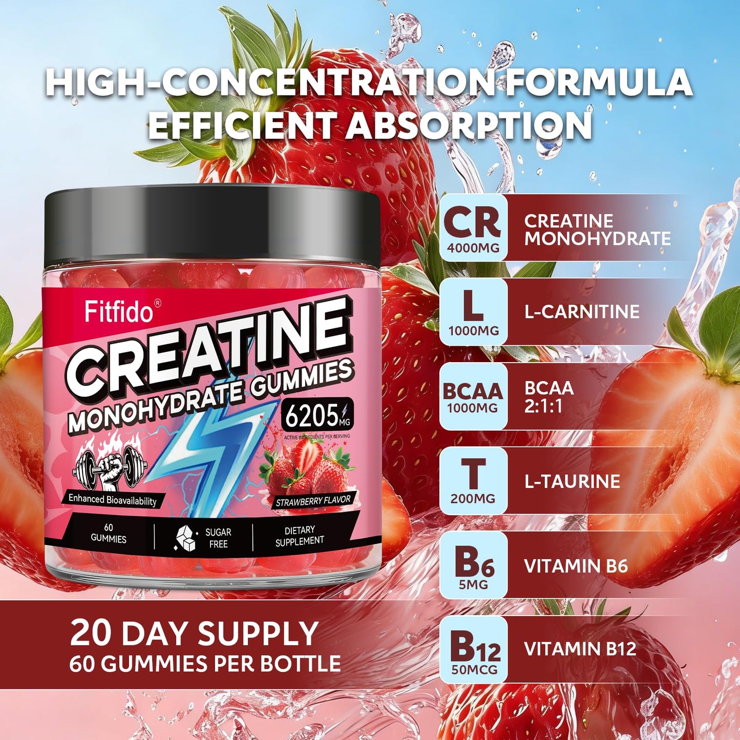 Fitfido Creatine Monohydrate Gummies 5000mg with L-Carnitine, 60 Gummies