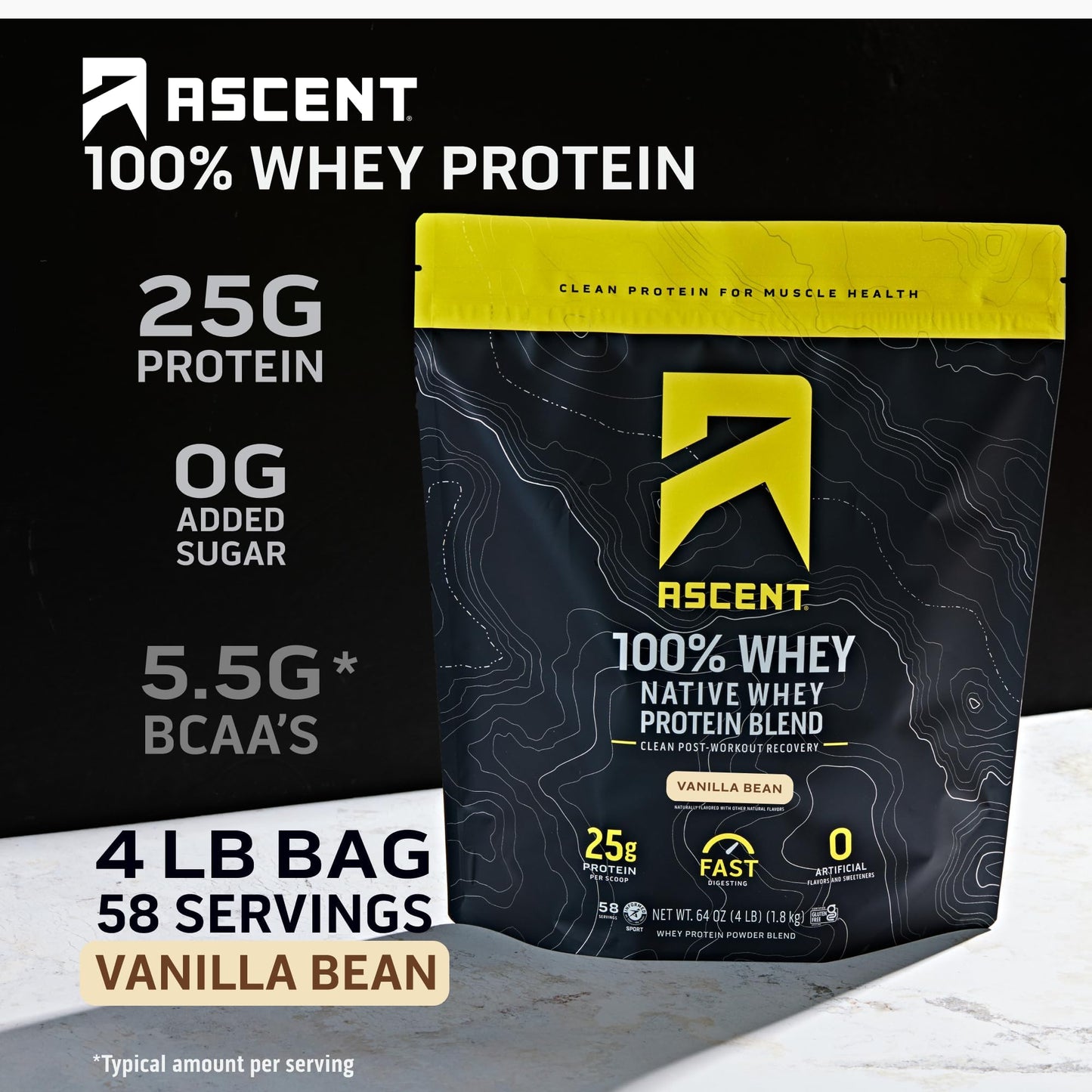 Ascent 100% Whey Native Whey Protein Blend Powder, Vanilla Bean, 64 Servings