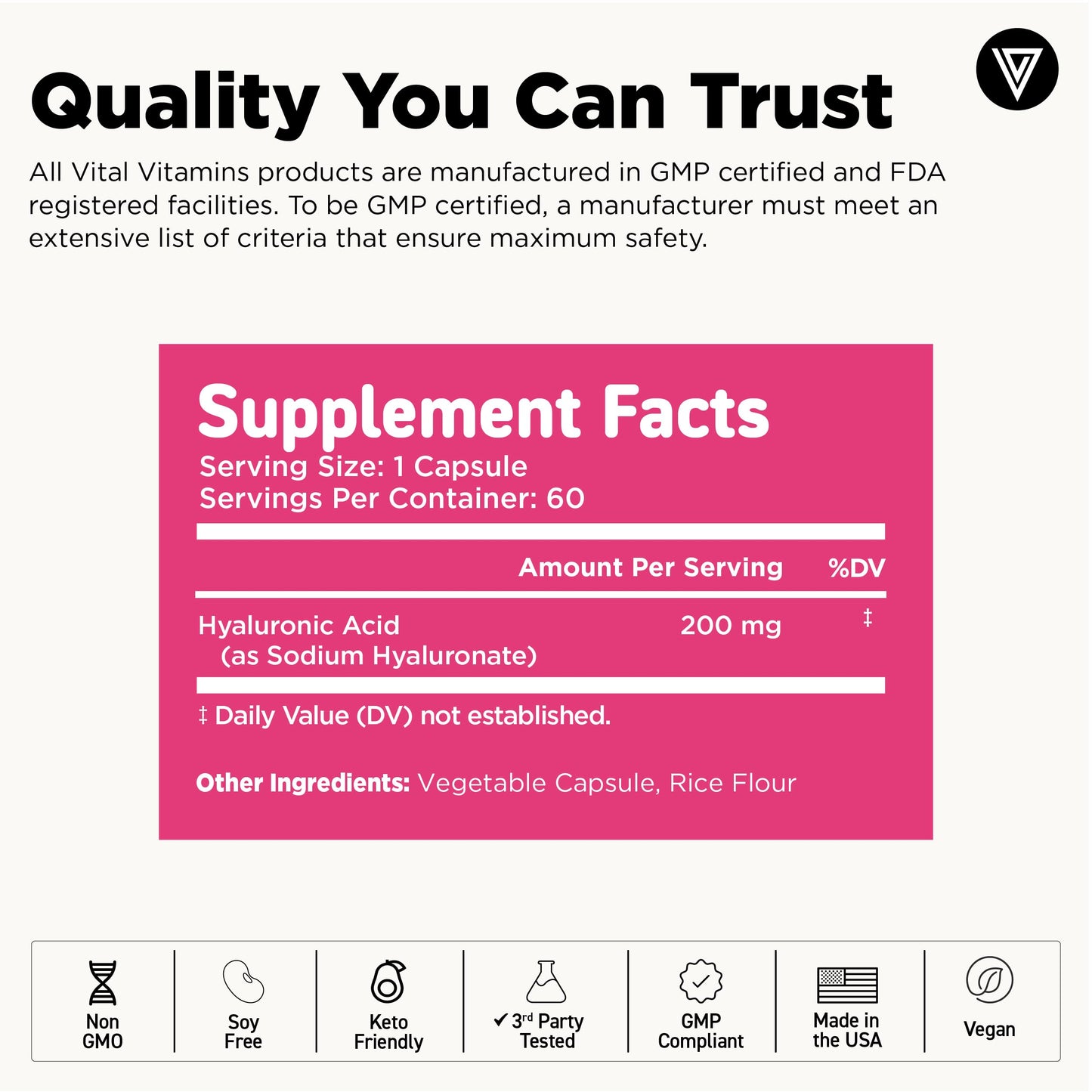 Vital Vitamins Hyaluronic Acid Supplements 60-Count Capsules