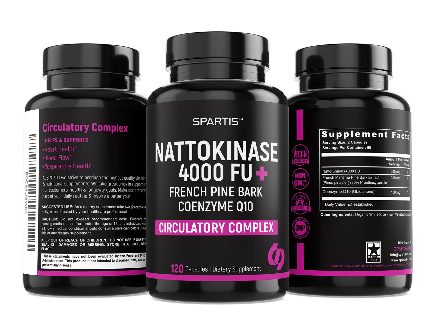 SPARTIS Nattokinase Supplement 4000 FU CoQ10 100mg French Maritime Pine Bark Extract 200mg with Enzymes Capsule 120 Count