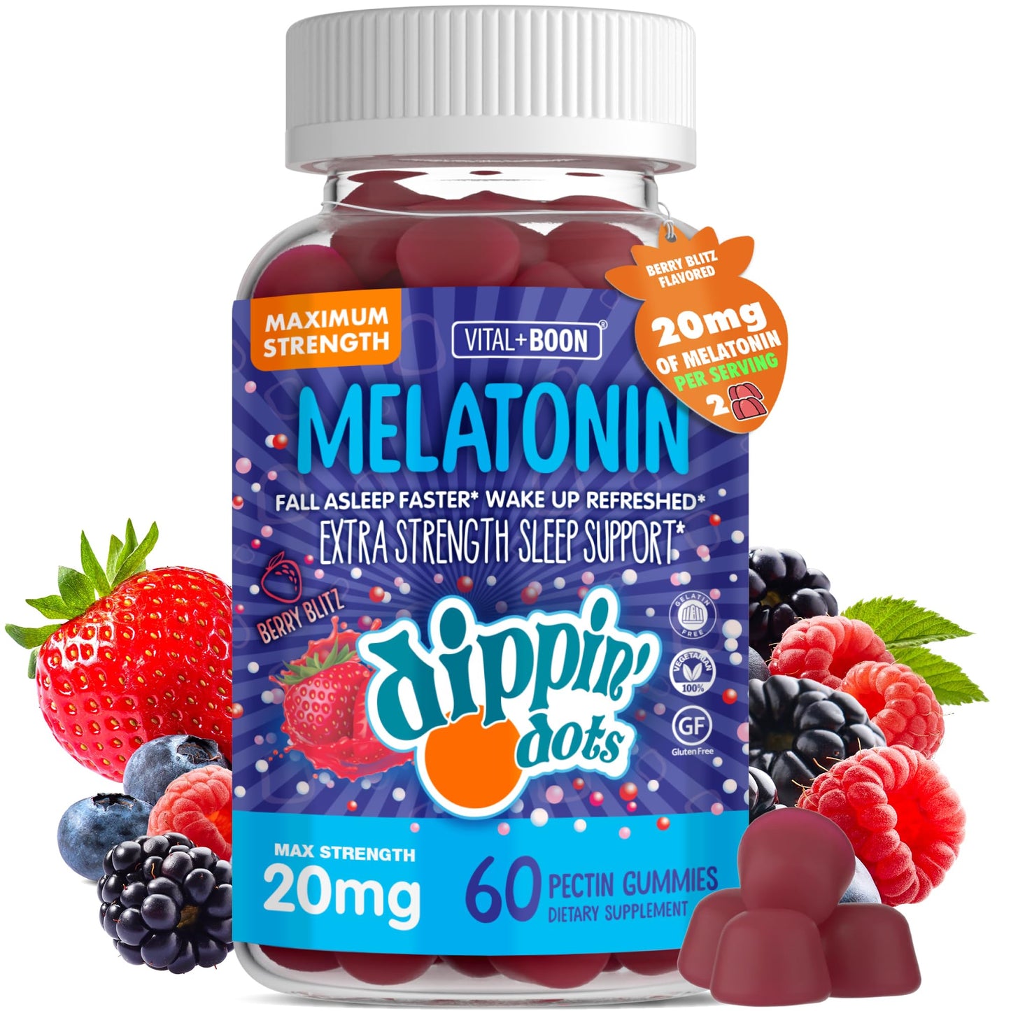Vital+Boon Dippin' Dots Extra Strength Melatonin Gummies 20mg Sleep Aid, 60 Gummies