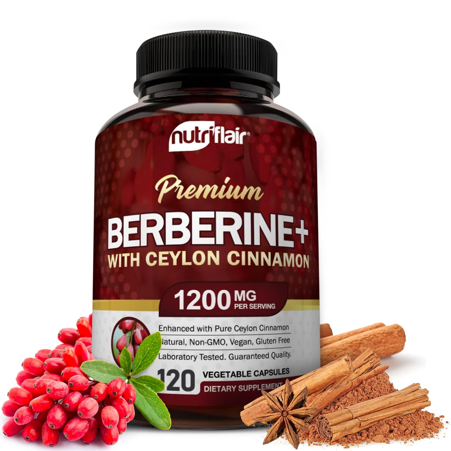 NutriFlair Premium Berberine HCL 1200mg Capsules, 120 Count