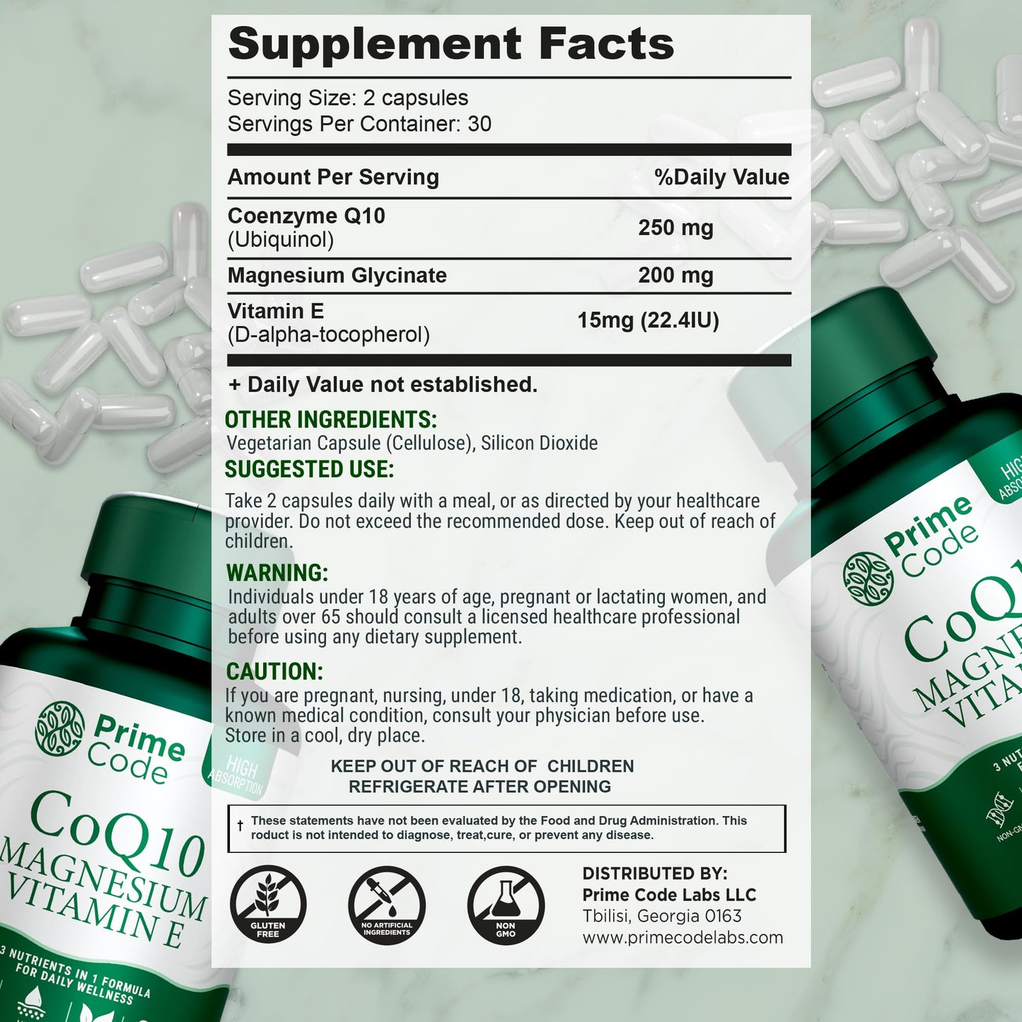 Prime Code CoQ10 250mg with Magnesium Glycinate and Vitamin E Capsules 60 Count