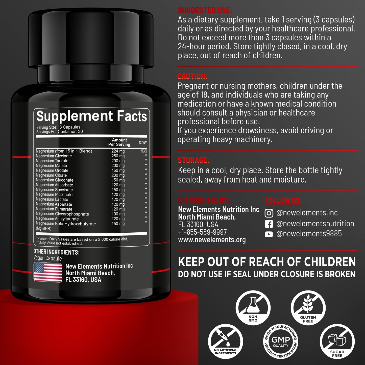 New Elements Magnesium 15-in-1 Complex 224mg – Multi Magnesium Supplement Capsules, Complete Magnesium Blend & Combo – Best All-in-One Full Spectrum Magnesium Complex for Women & Men, Sleep, Muscle, Nerve & Energy, 1 Capsule
